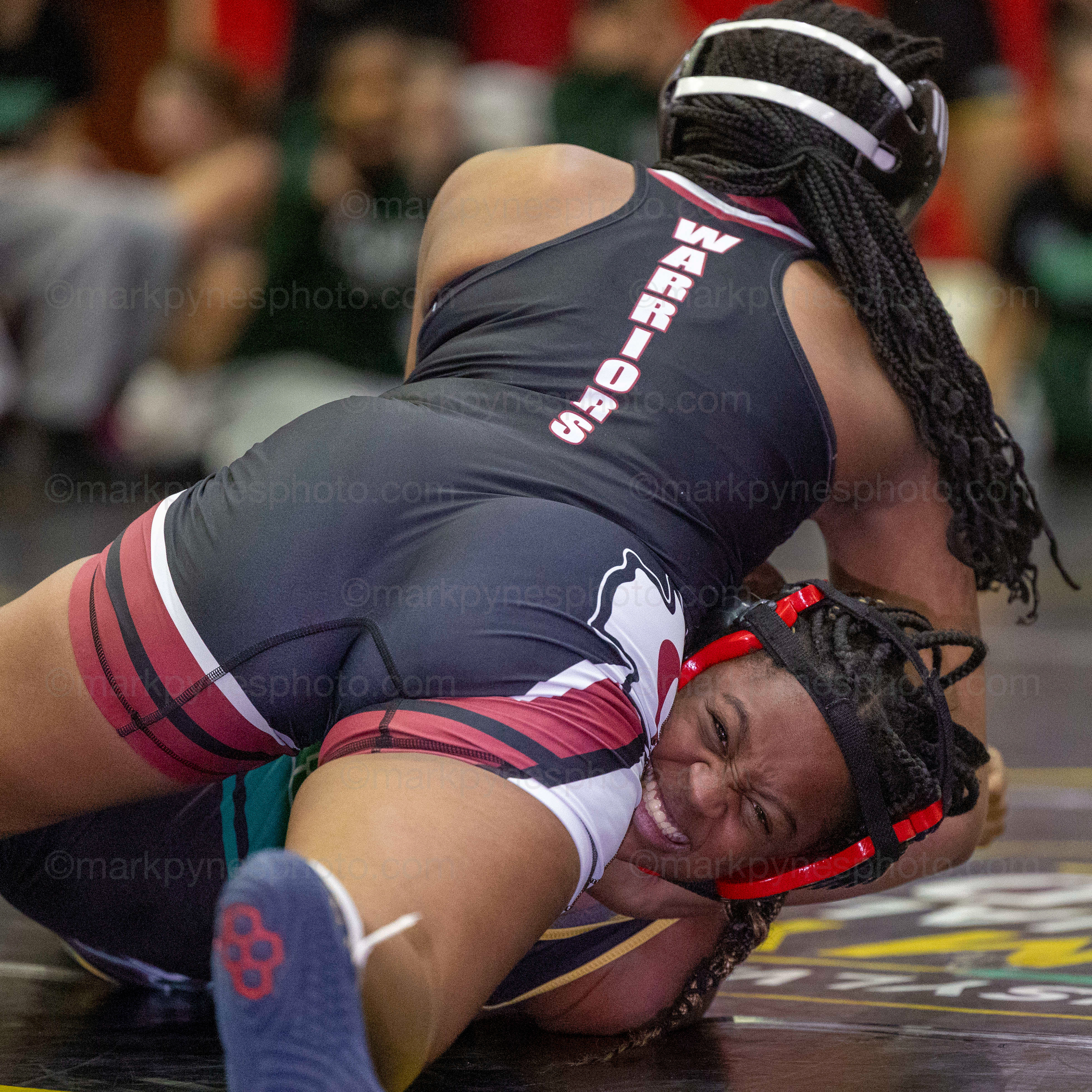 Adrianna Bowling, Gettysburg, turn Central Dauphin’s Brooklyn Gilbert, on her way to a 59 second pin in the 155-pound match.