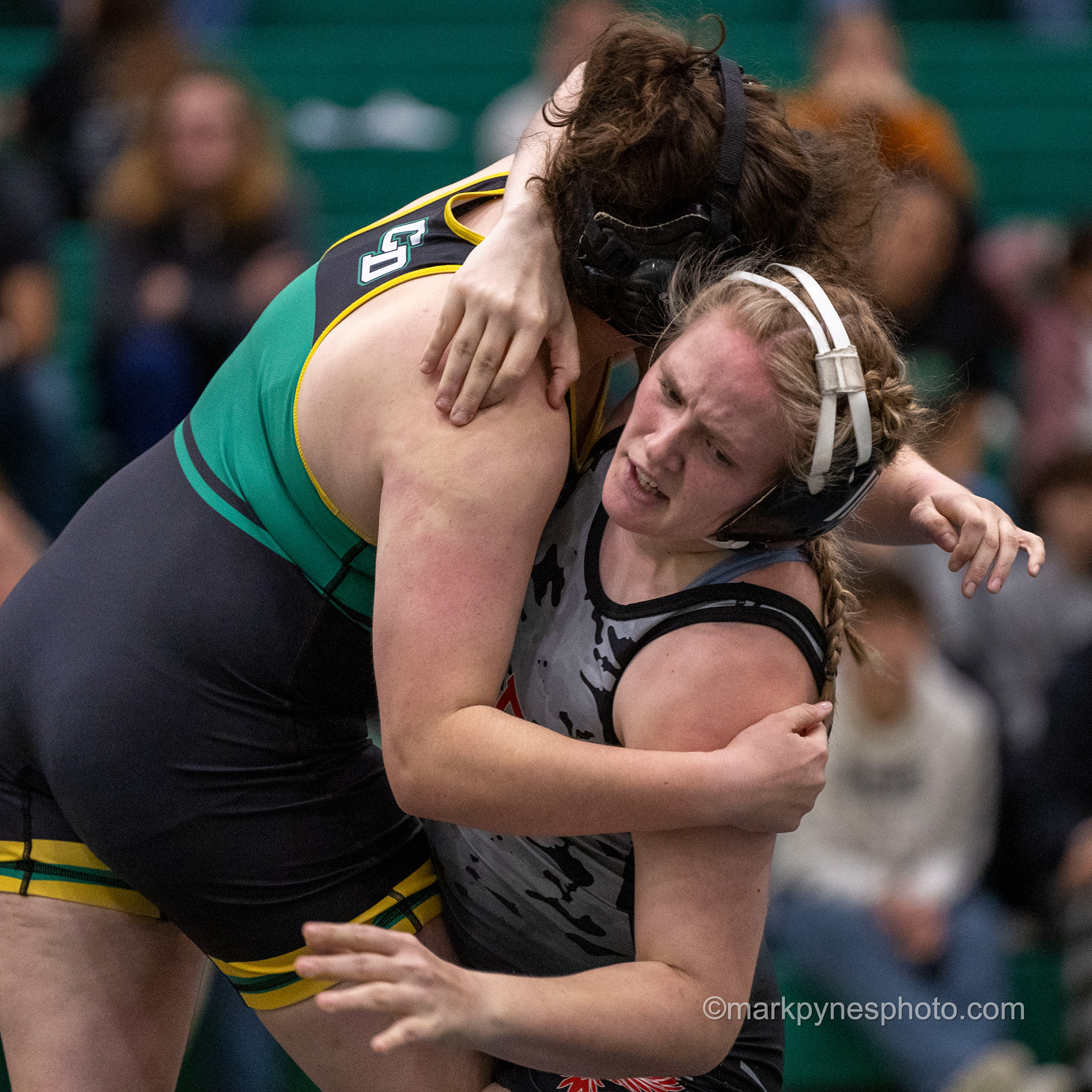 Central Dauphin’s Victoria Alleman ties up with Myah Mulgrew, Cumberland Valley, in their 155-pound match, won by Mulgrew, 13-9, in girls wrestling dual meet action in Harrisburg, Pa., Dec. 10, 2024.