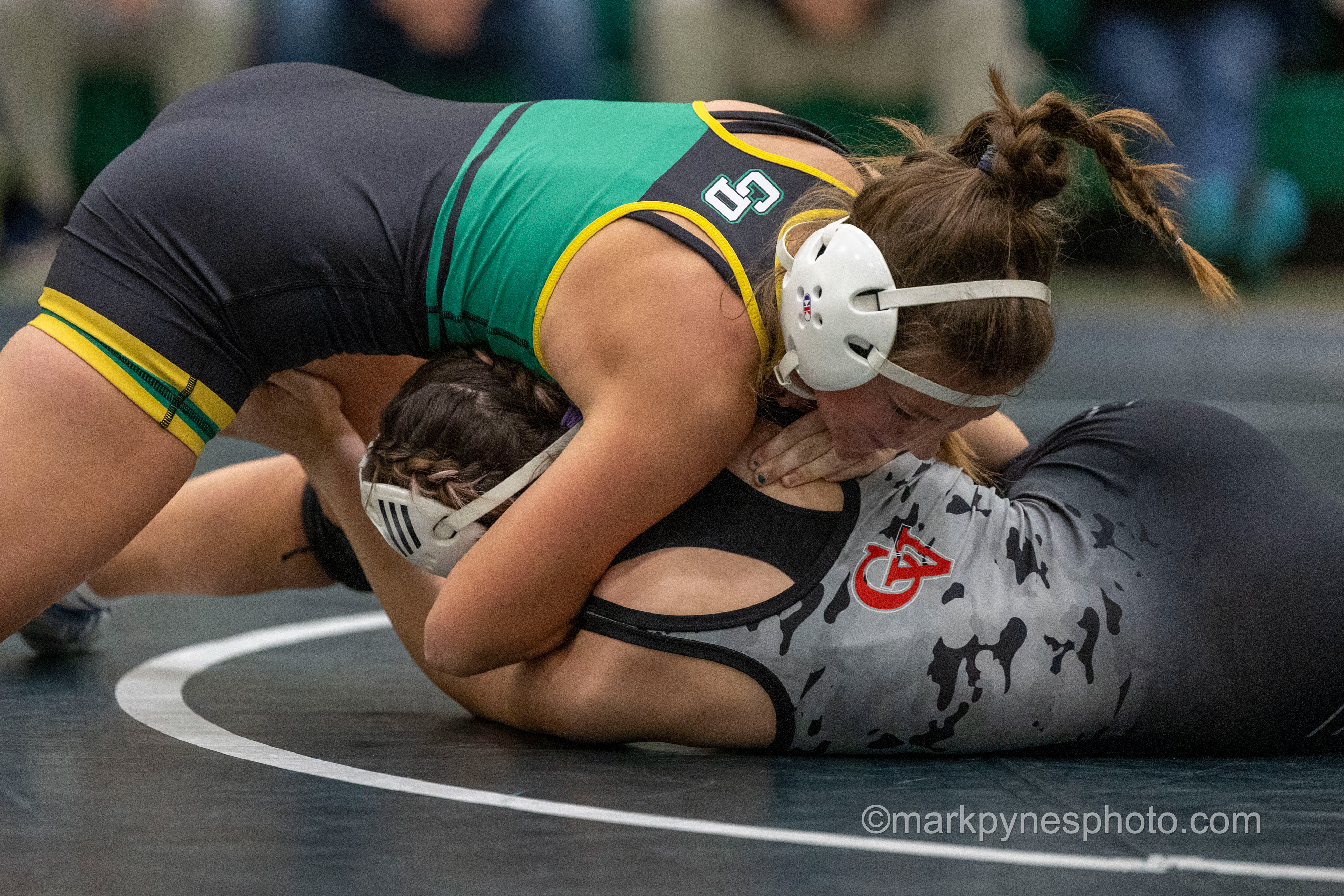 Maura Campbell, Central Dauphin, pins Jordyn Nailor, Cumberland Valley, in their 130-pound match but CV goes on to defeat Central Dauphin, 42-30, in girls wrestling dual meet action in Harrisburg, Pa., Dec. 10, 2024.