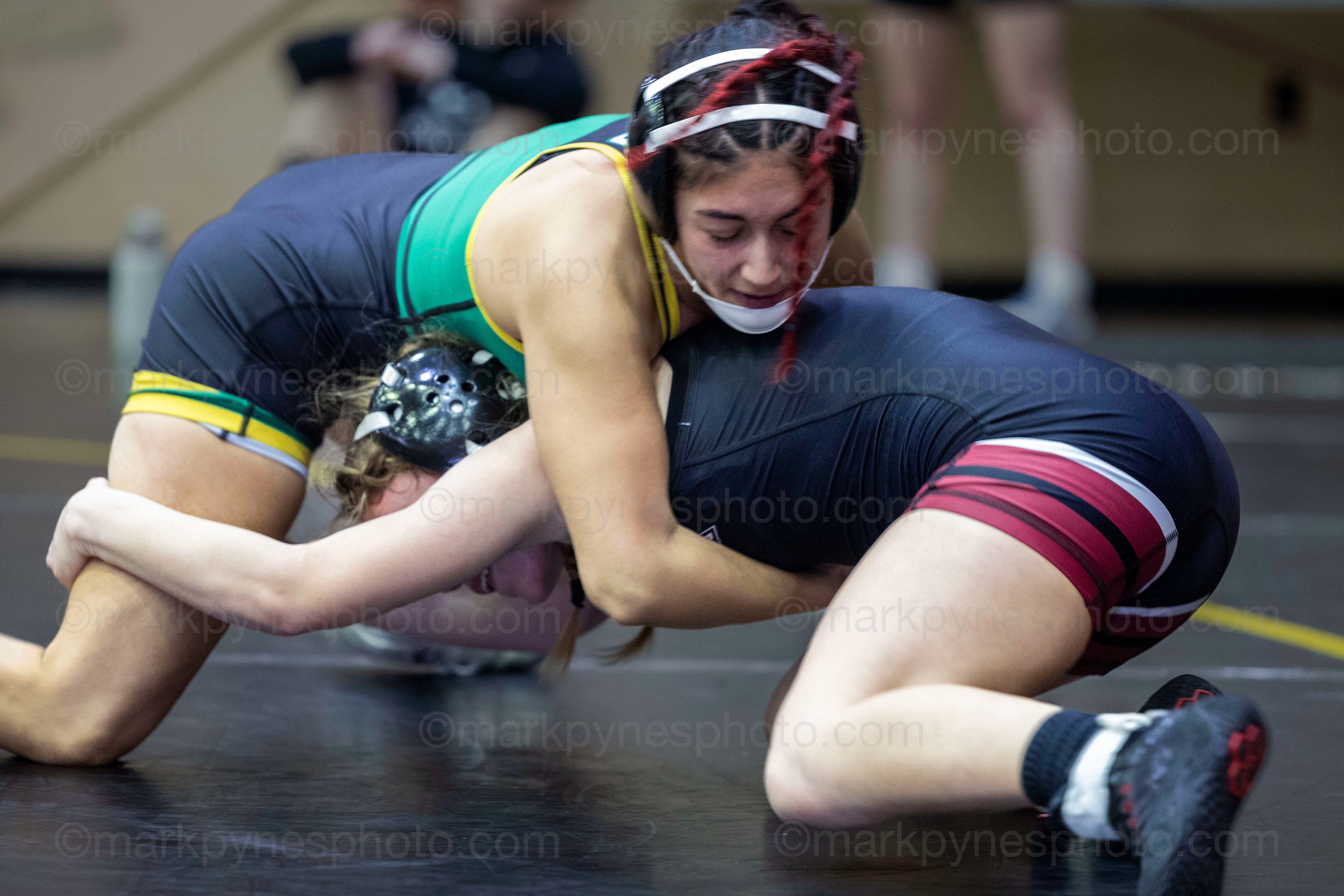 Myah Coleman, Gettysburg, shoots in on Central Dauphin’s Anaelis Morales, and wins by pin, in 1:39, in the 118-pound match.