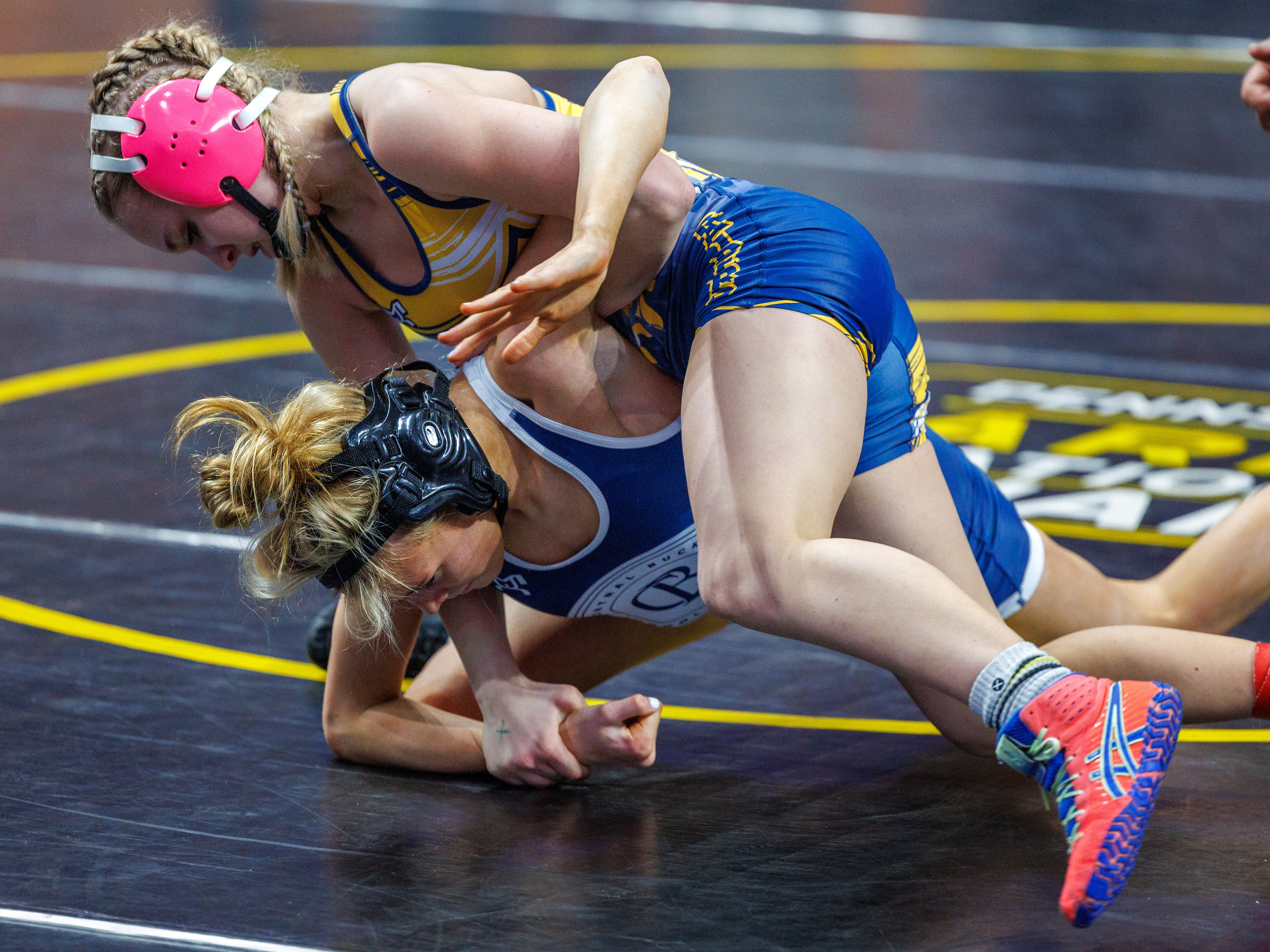 Kylee Trostle, ELCO, pins Macayla Needham, Central Bucks, in 1:12, in a 112-pound opening round match at the PIAA Girls Wrestling State Championships at the Giant Center in Hershey, Pa., Mar. 7, 2024.