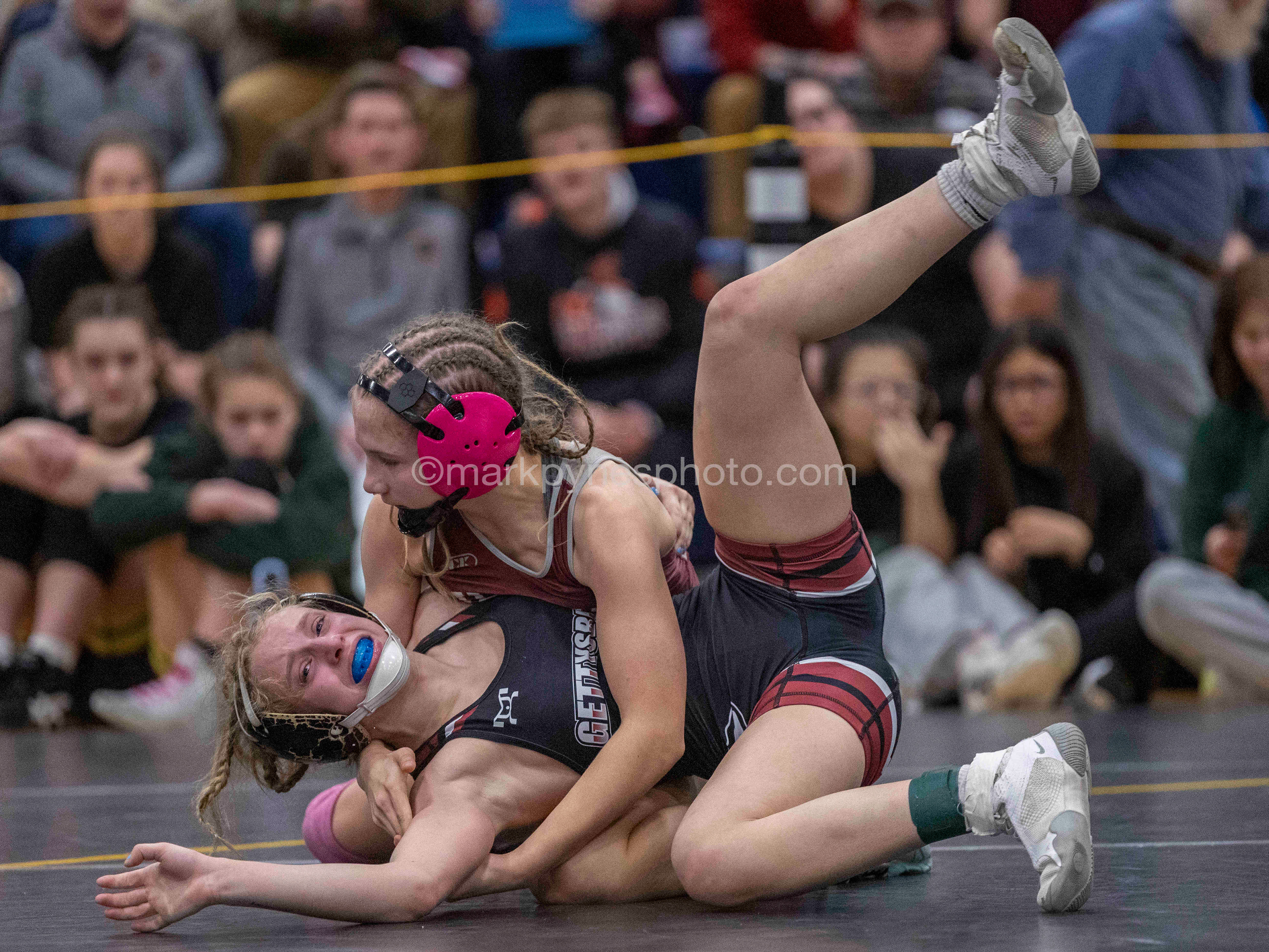 Alexis Pancoast, Mechanicsburg, pins Taylor Keckler, Gettysburg, at 106-pounds.