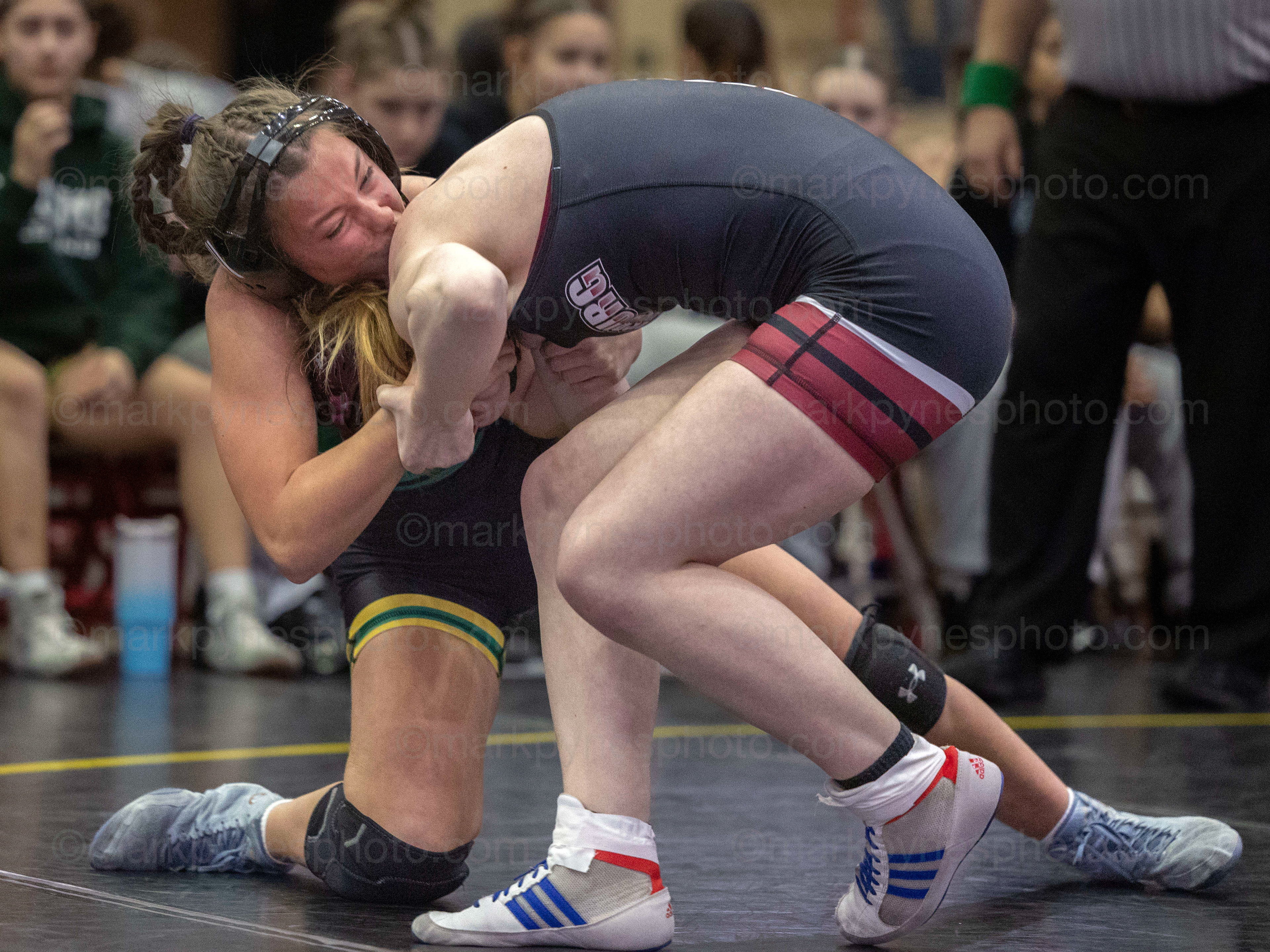 Maura Campbell takes down Gettysburg’s Alyssa Vaughn on her way to a 1:34 pin in the 130-pound match.