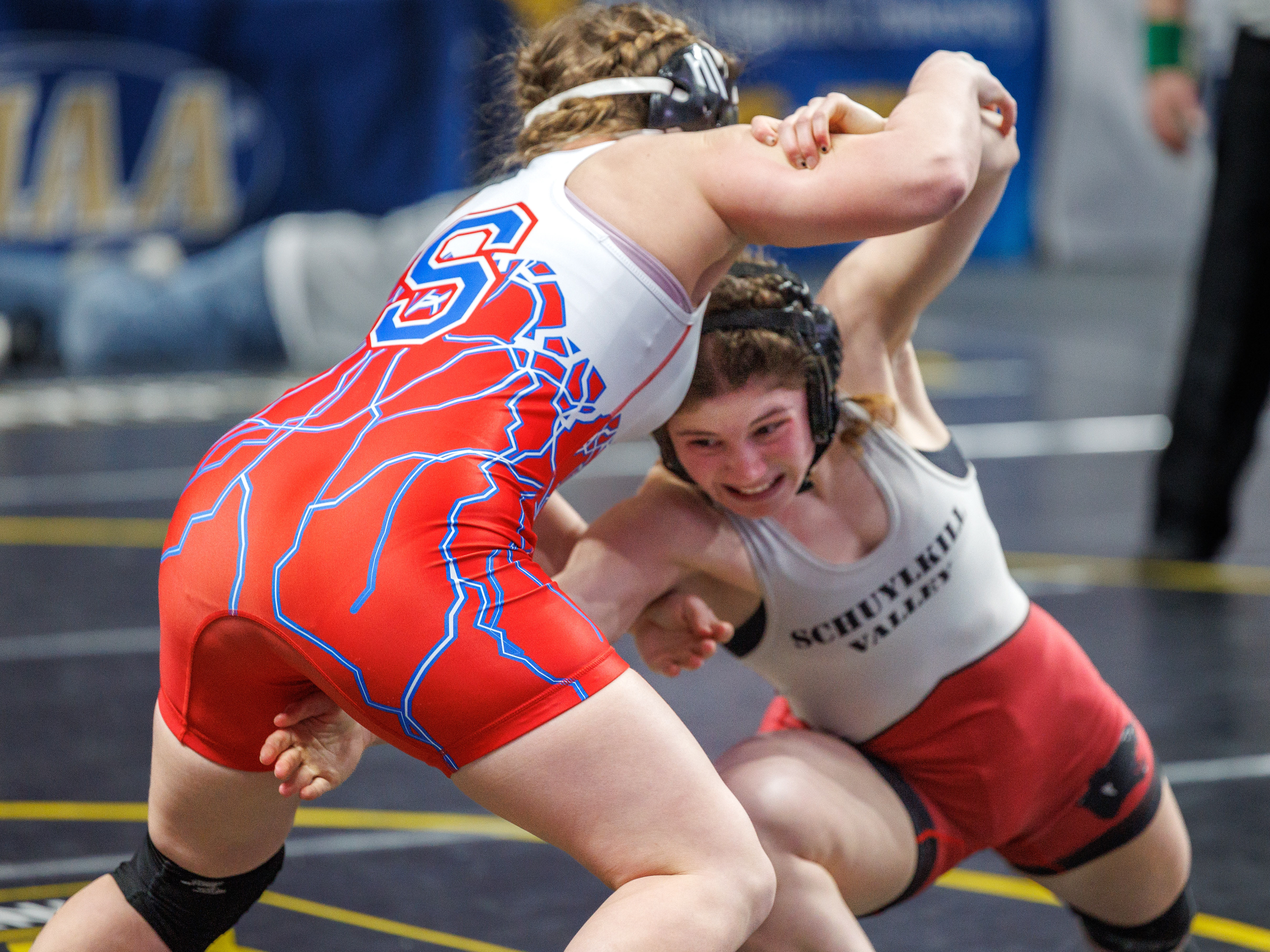 Kayley Weidner, Schuylkill Valley, on her way to a pin over Karissa Springer, Selinsgrove, in a 136-pound opening round match at the PIAA Girls Wrestling State Championships at the Giant Center in Hershey, Pa., Mar. 7, 2024.