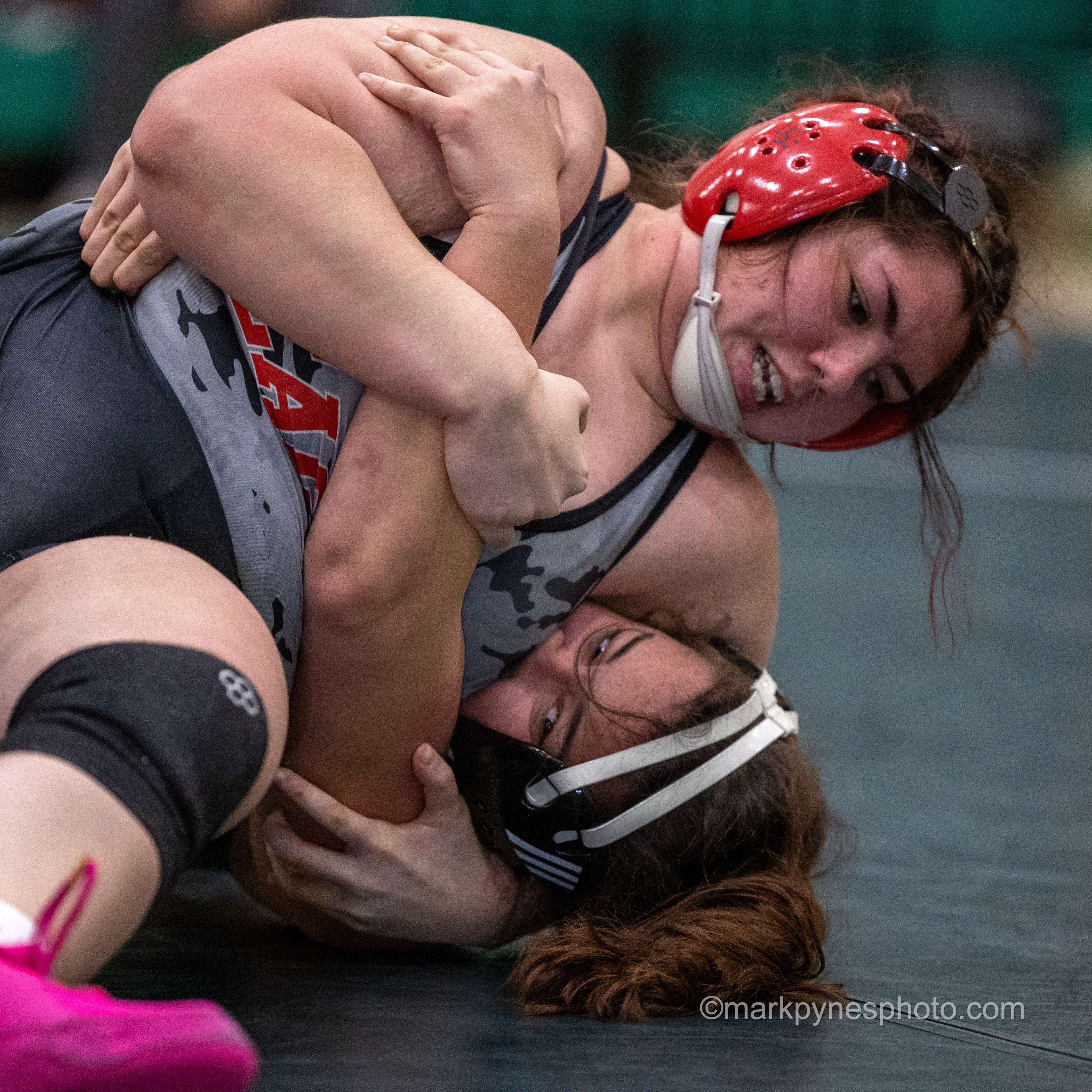 Lee Hechler, Cumberland Valley, pins Layla Barrios, Central Dauphin, in their 235-pound match, at 4:53.