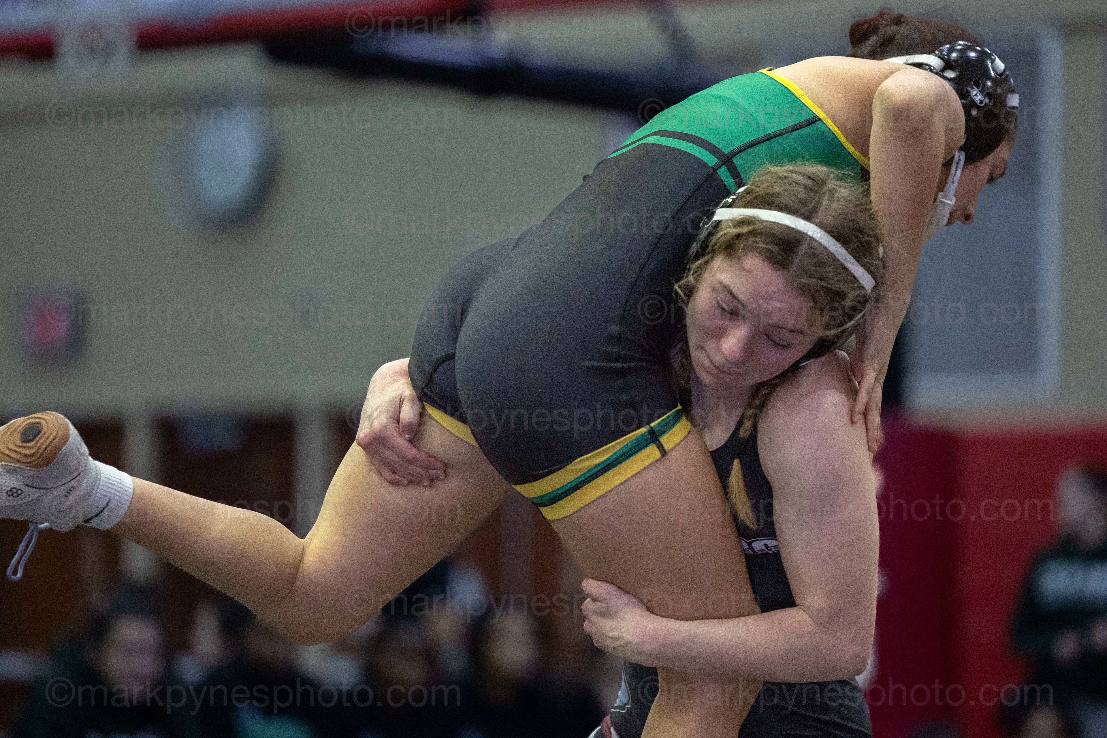 Myah Coleman, Gettysburg, gets a double-leg takedown on Central Dauphin’s Anaelis Morales, and wins by pin, in 1:39, in the 118-pound match.