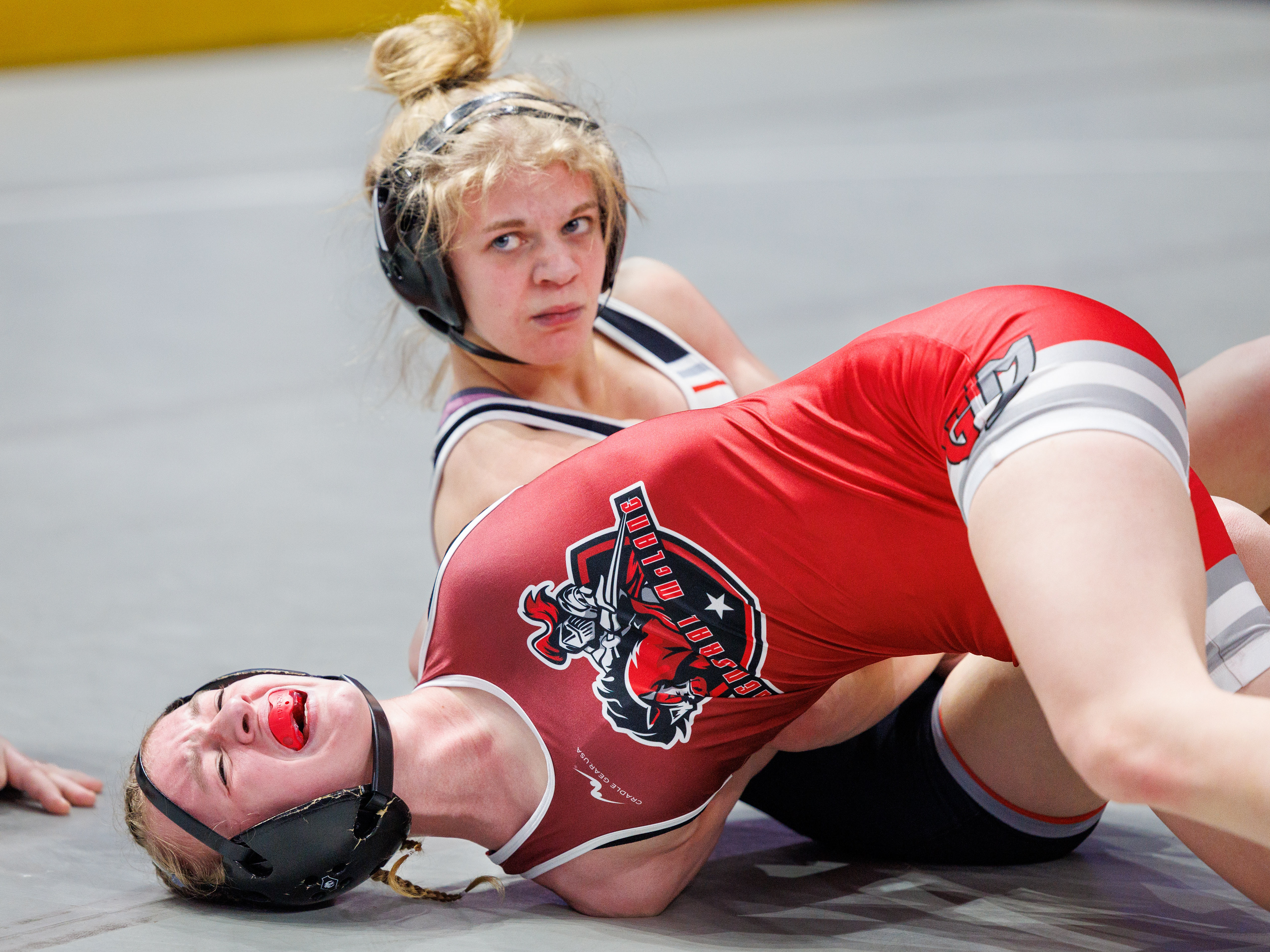 Natalie Handy, South Western, defeats Ashley Campbell, General McLane, by tech fall, 17-0, in 3:36, in a 106-pound opening round match of the PIAA Girls Wrestling State Championships at the Giant Center in Hershey, Pa., Mar. 7, 2024.