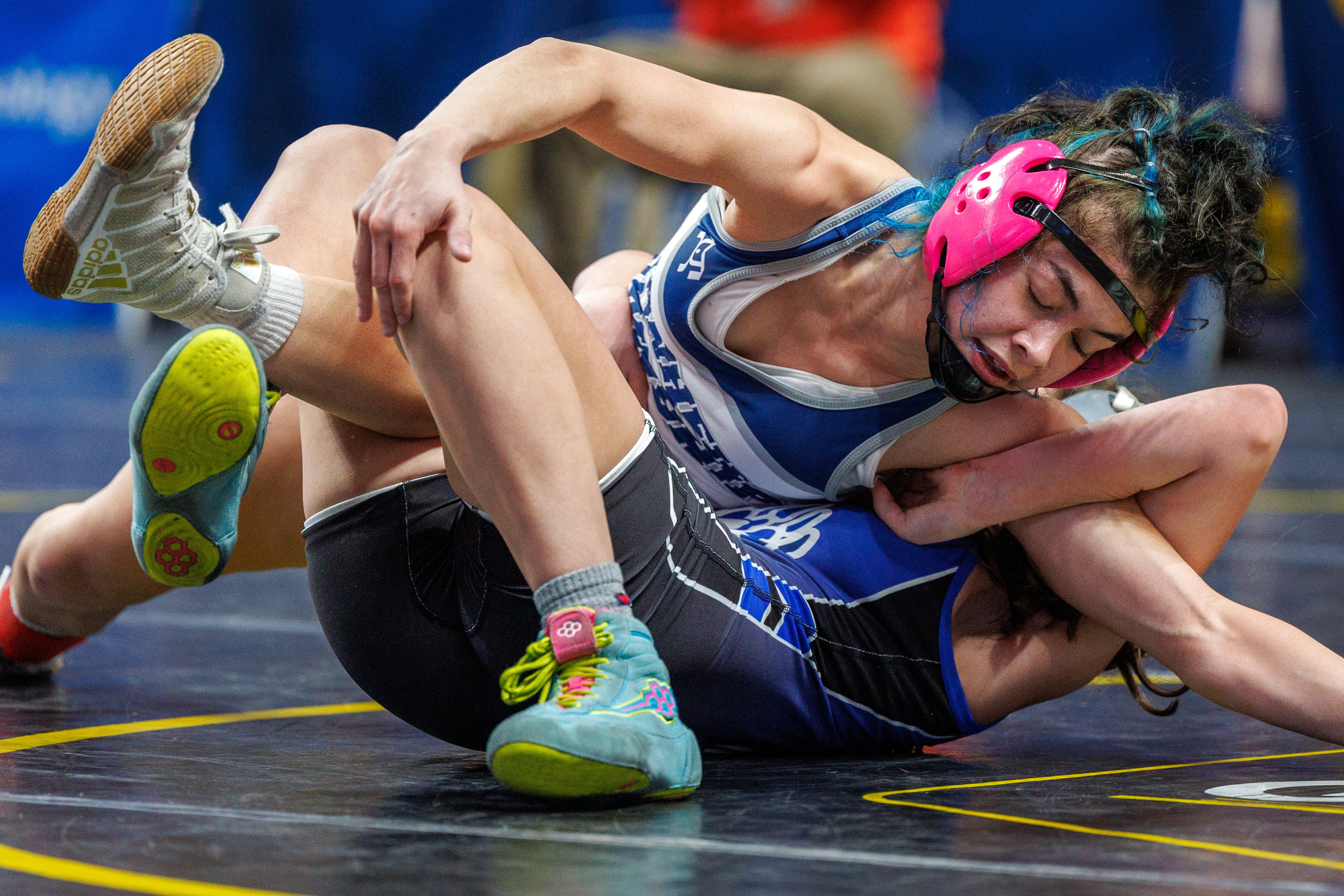 Isabella Baccio, Manheim Township, wins her opening round 112-pound match, pinning Juliette Trout, Pleasant Valley, in 2:42, at the PIAA Girls Wrestling State Championships at the Giant Center in Hershey, Pa., Mar. 7, 2024.