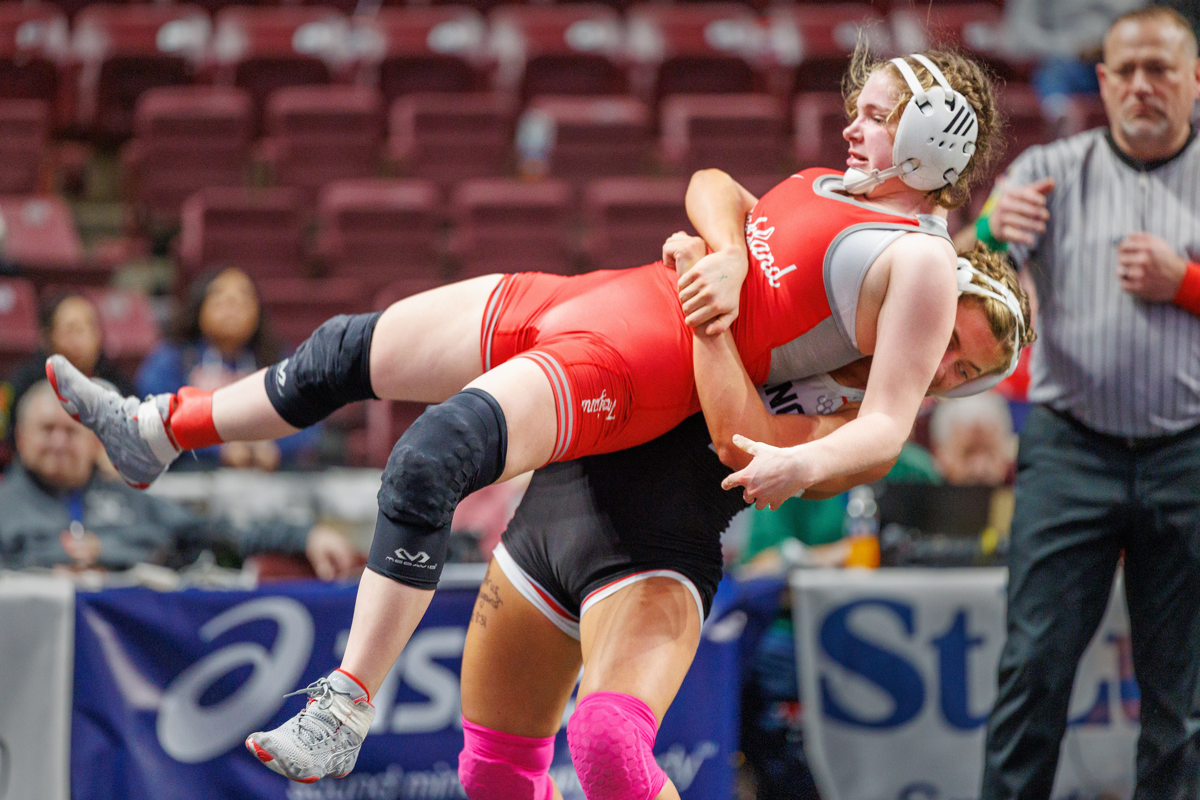 Despite being lifted in the air Abigail Taylor, Parkland, decisions Tatum Duckworth, South Western, 11-4, in a 124-pound opening round match at the PIAA Girls Wrestling State Championships at the Giant Center in Hershey, Pa., Mar. 7, 2024.