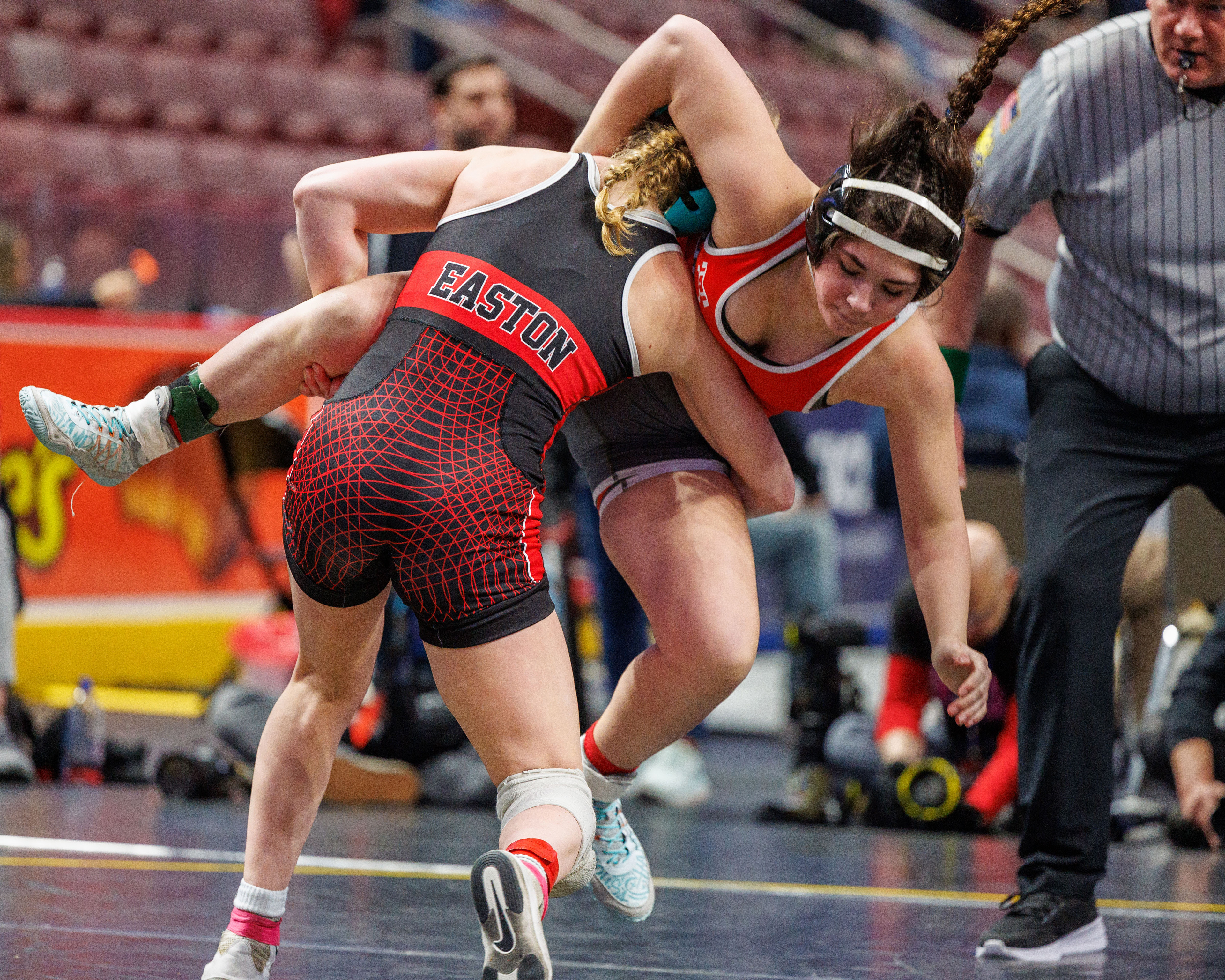 Aubre Krazer, Easton, pins Miah Molinaro, Hazelton Area, at 2:16, in a 130-pound opening round match at the PIAA Girls Wrestling State Championships at the Giant Center in Hershey, Pa., Mar. 7, 2024.