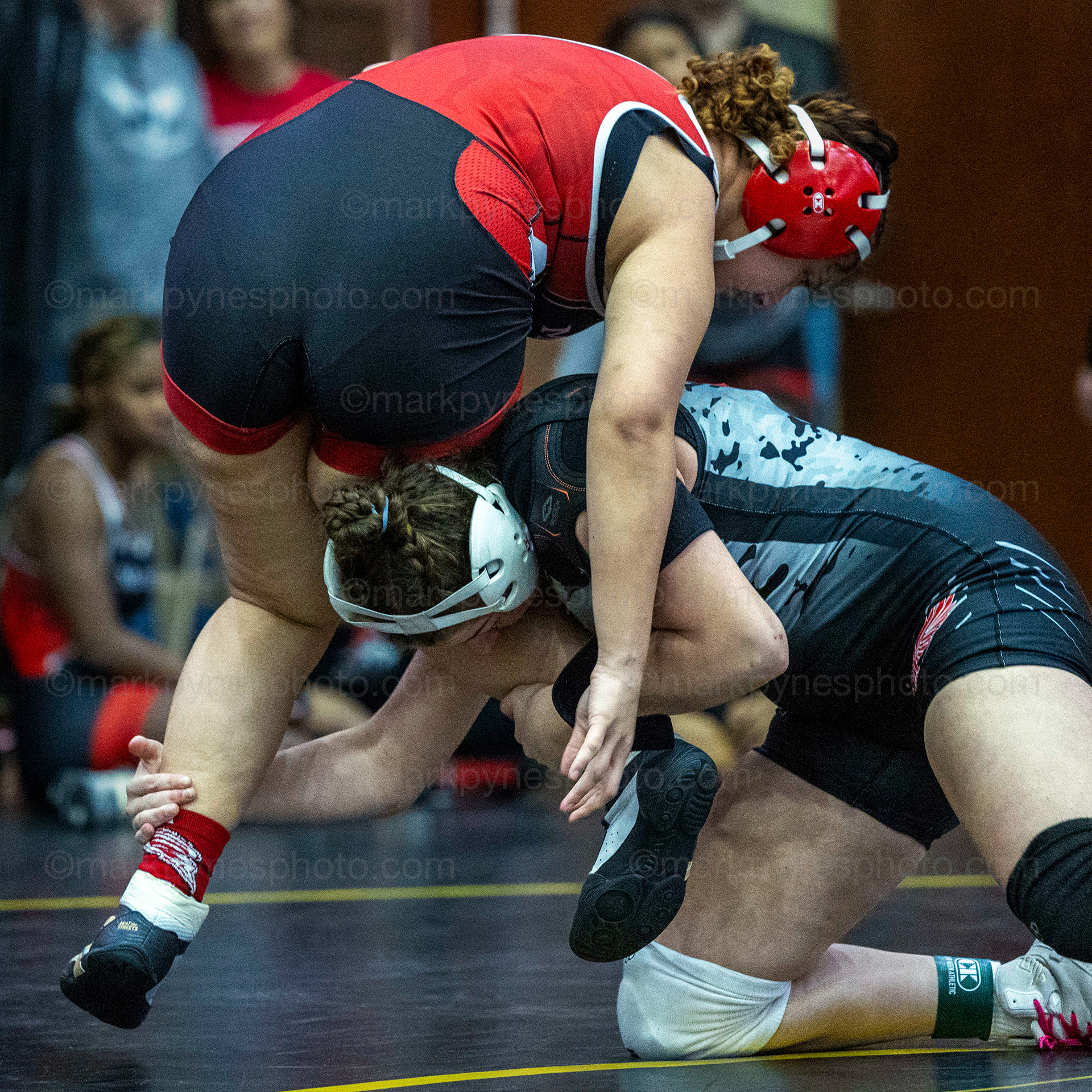Emma Beaven, Cumberland Valley, gets double-leg takedown on J.P. McCaskey’s Janexsi Aviles for a 28-second pin.
