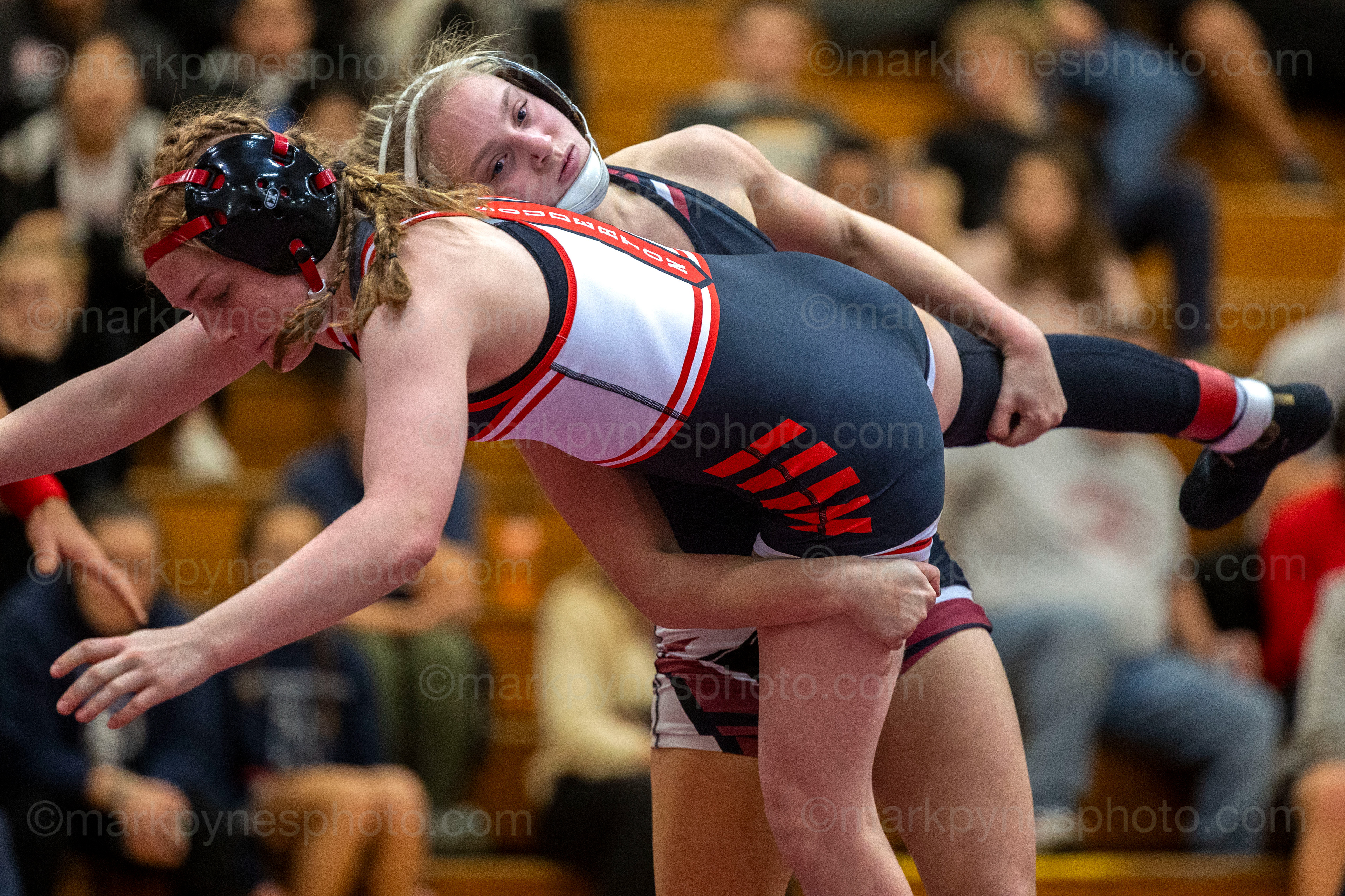 Holly McKinney, Souderton, left, major decisions Gettysburg’s Taylor Keckler, in the 106-pound match at the Governor Mifflin Girls Wrestling tournament at Shillington, Pa., Dec. 28, 2024.