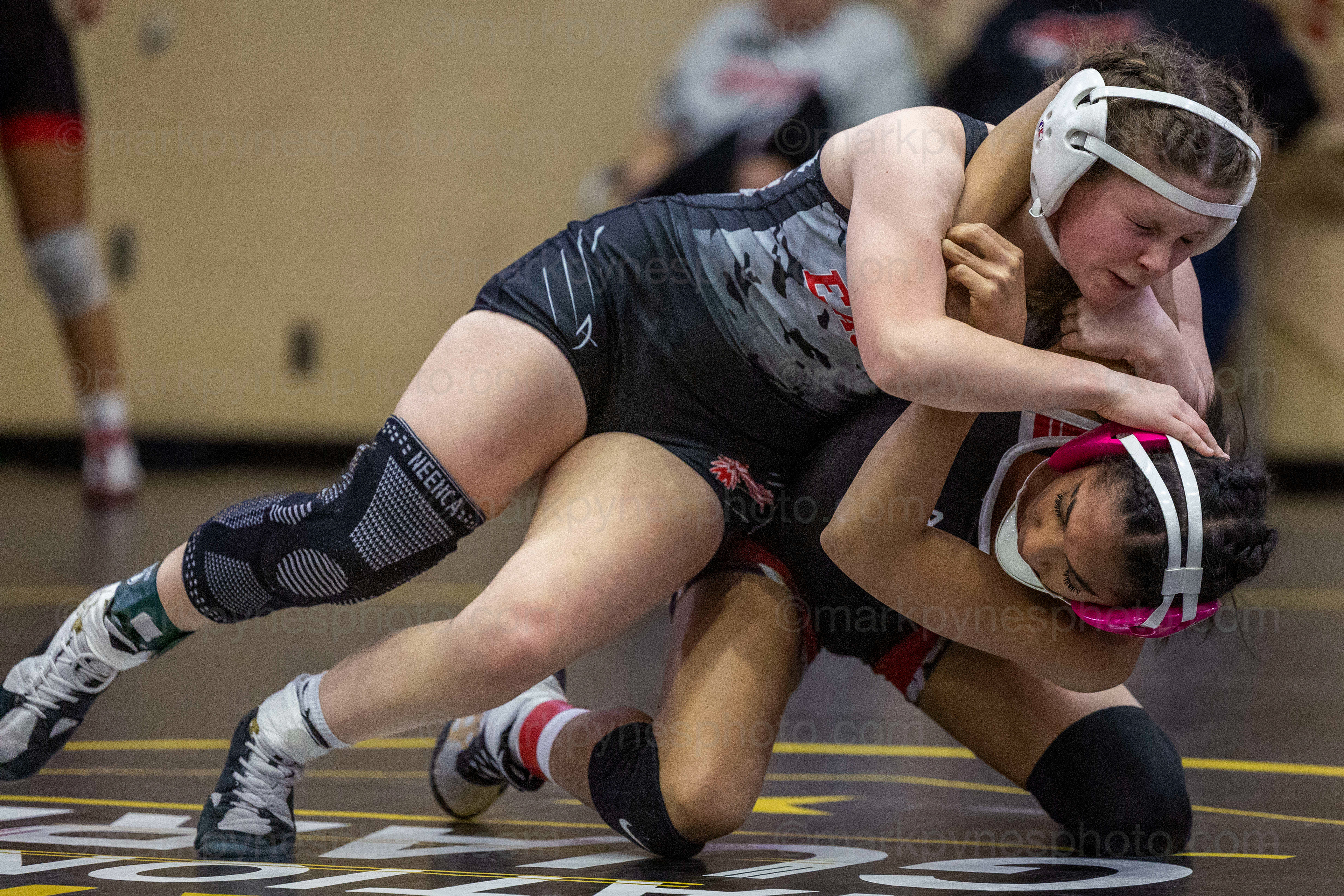 Lillian Seagreaves, Cumberland Valley, turns J.P. McCaskey’s Nasly Rijo on the way to a 1:15 pin in the 106-pound match.