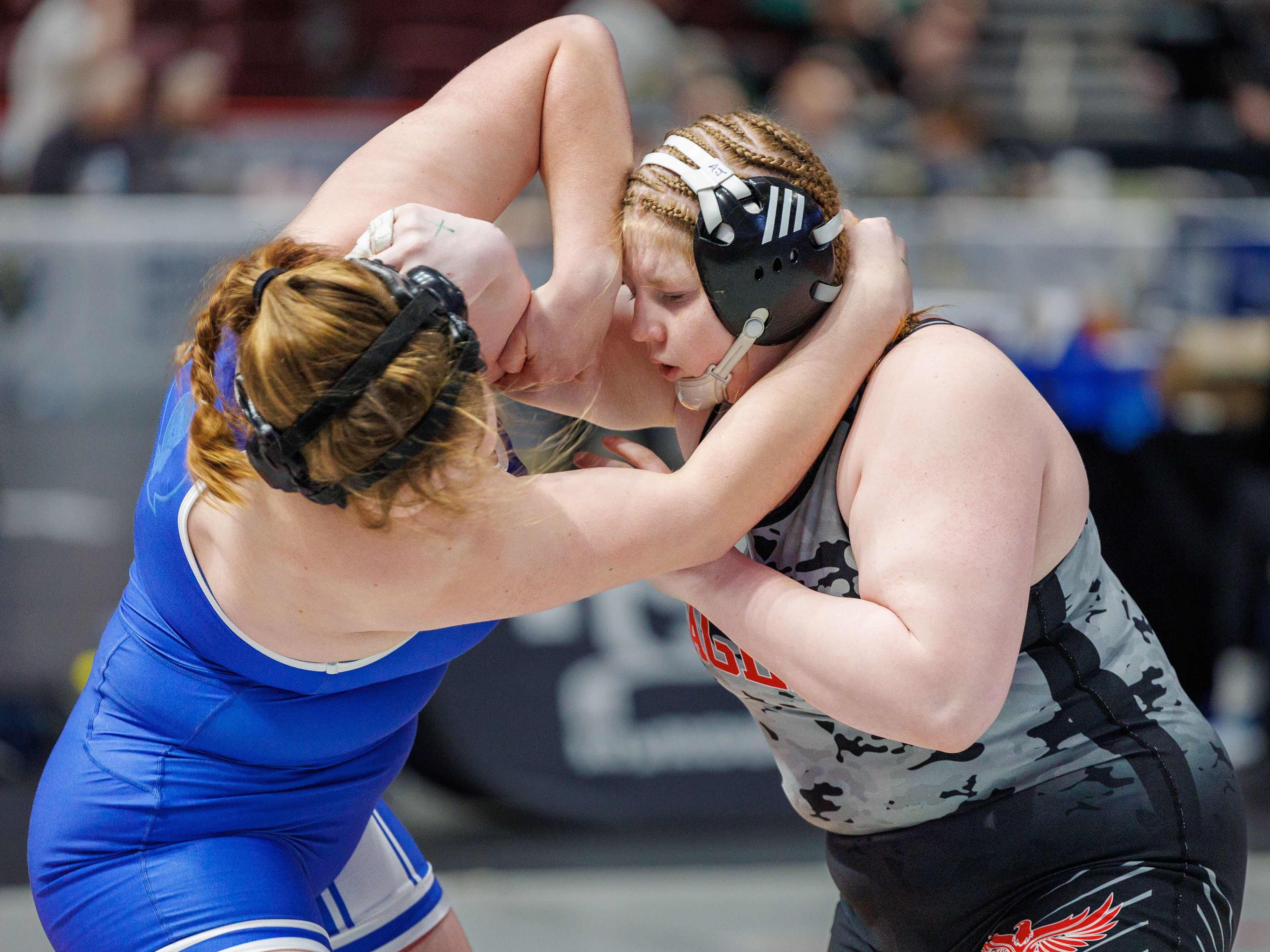 Aja’nai Jumper, Cumberland Valley, right, decisions Peyton Fries, Quakertown, 1-0, in a 235-pound bout in the opening round of the PIAA Girls Wrestling State Championships at the Giant Center in Hershey, Pa., Mar. 7, 2024.