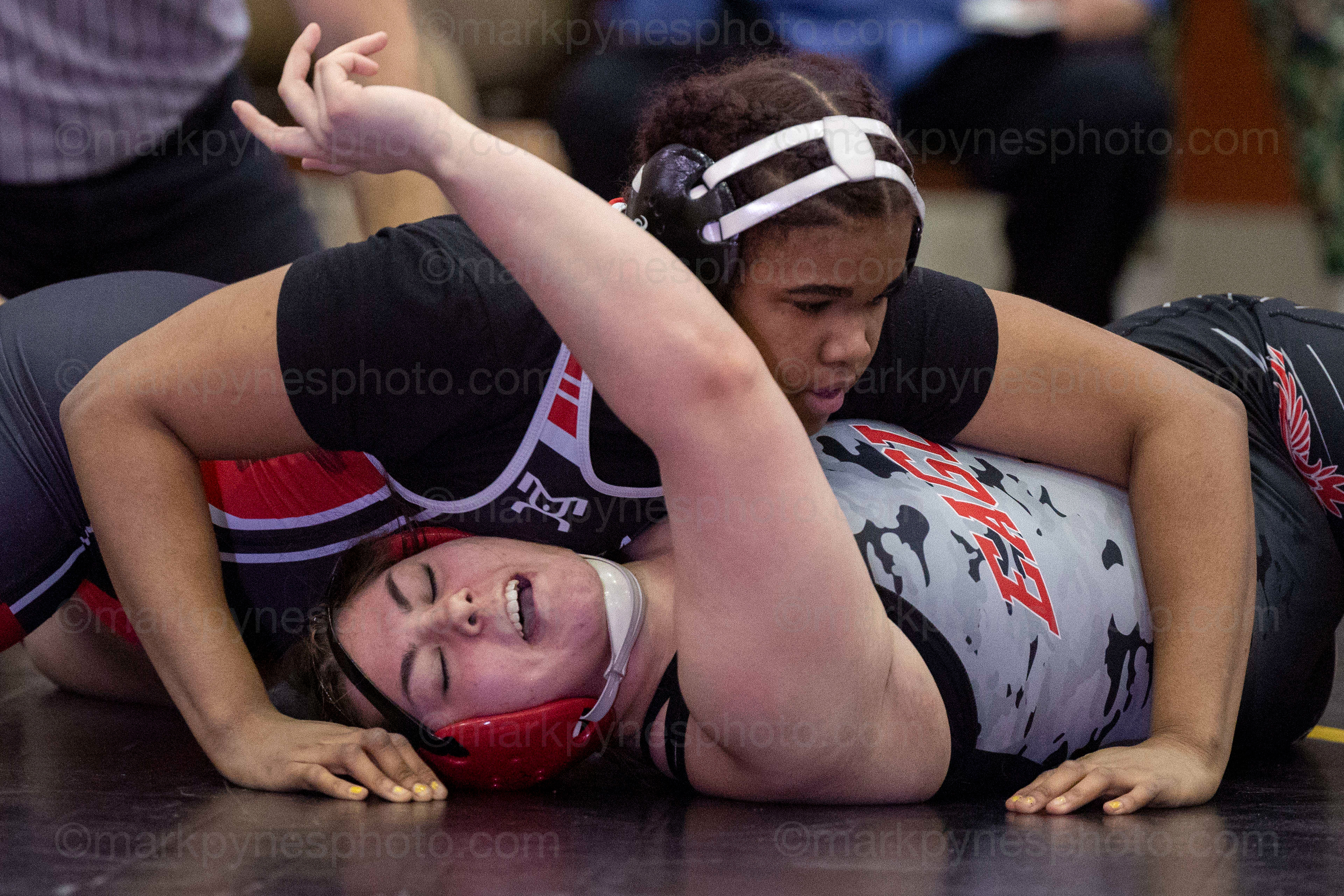 Jurelys Peguero del Rosario, of J.P. McCaskey, pins Cumberland Valley’s Kimberlee Hechler in 1:08.