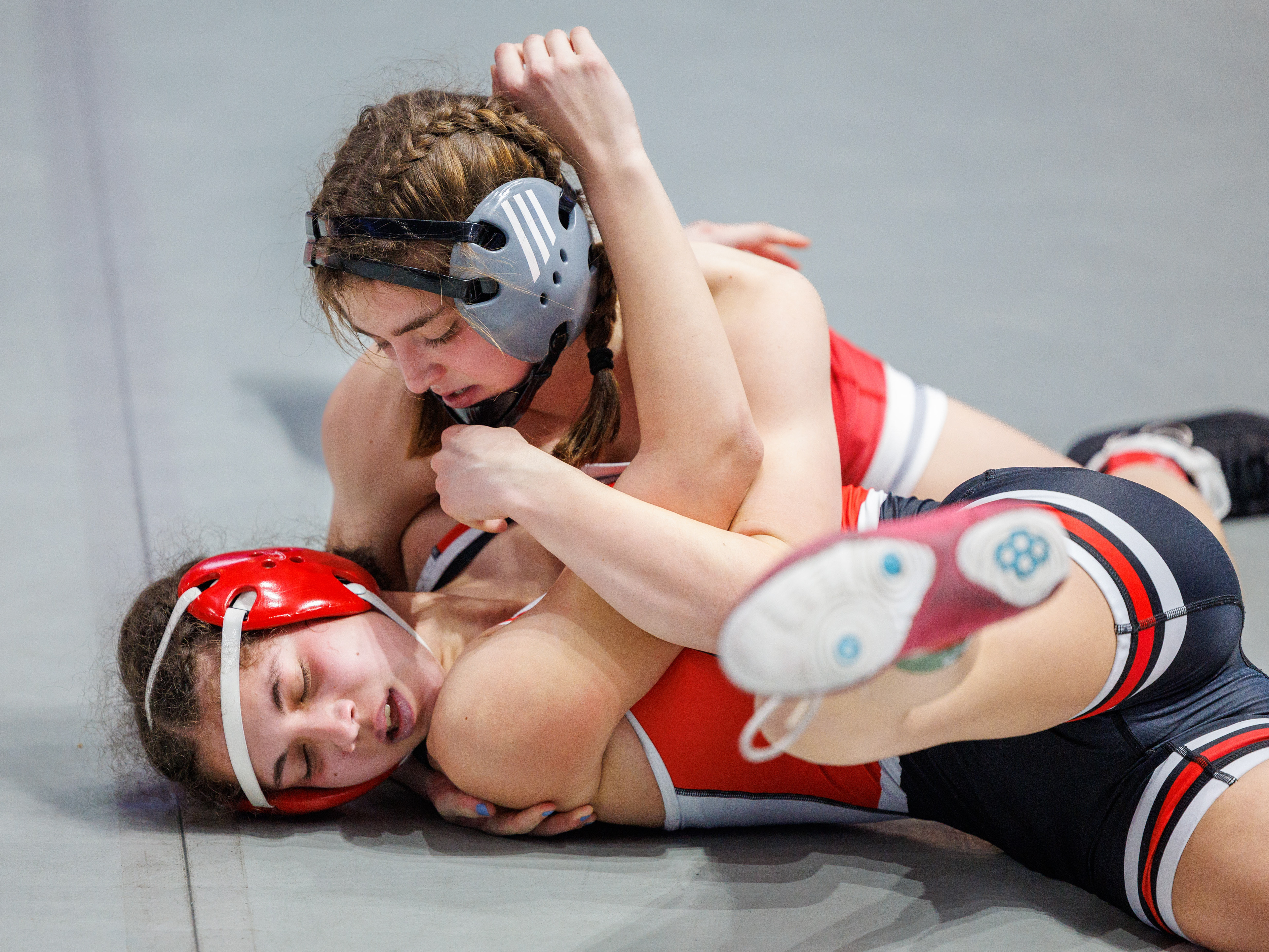 Isabelle Wilkes, Hamburg, defeats JoAnna Saad, North Hills, by tech fall, 17-0, in 5:15, in a 106-pound opening round match at the PIAA Girls Wrestling State Championships at the Giant Center in Hershey, Pa., Mar. 7, 2024.