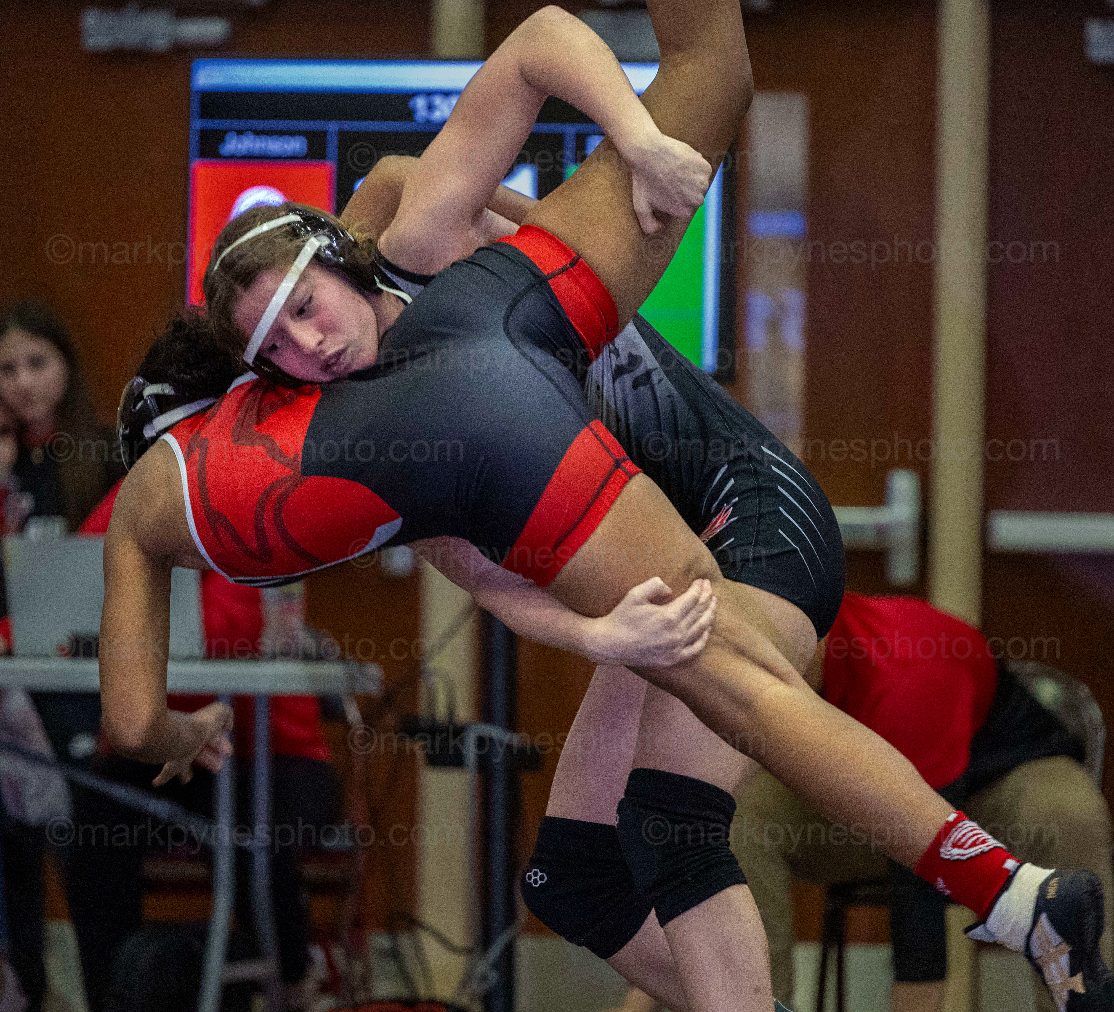 Skylar Daugherty, Cumberland Valley, throws J.P. McCaskey’s Paris Johnson, on the was to a 19 second pin at 130-pounds.