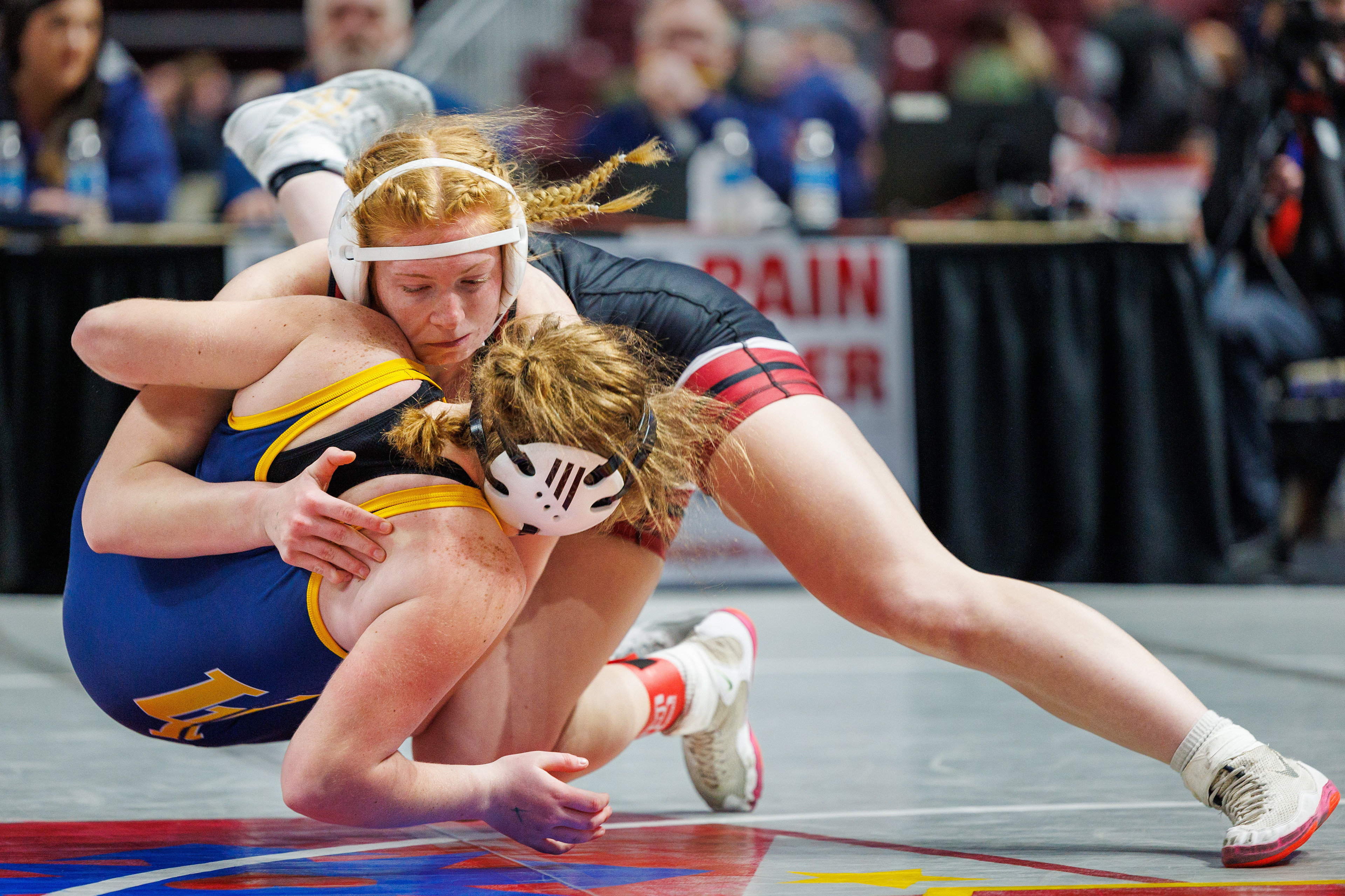 Kylie Monroe, Gettysburg, pinned Kaylyn Adair, Upper Perkiomen, at 1:44, in a 155-pound bout in the opening round of the PIAA Girls Wrestling State Championships at the Giant Center in Hershey, Pa., Mar. 7, 2024.