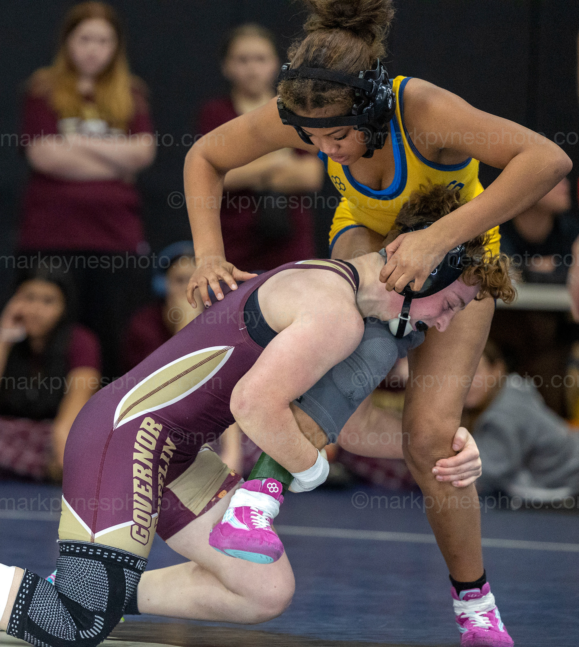 Emily Yerger, Governor Mifflin, shoots in on Upper Merion’s Kyla Riley in the 118-pound final.