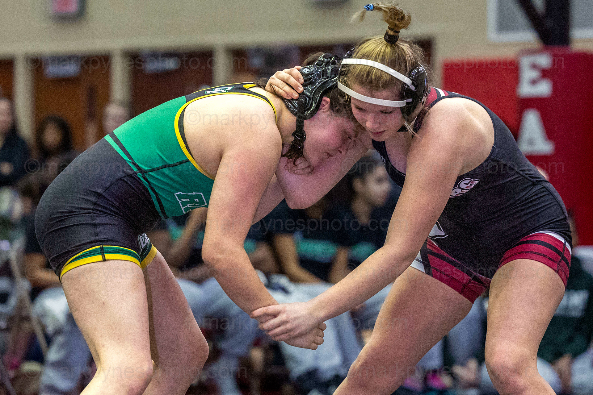 Victoria Alleman, Central Dauphin, pins Gettysburg’s Olivia Koontz in the 148-pound match.