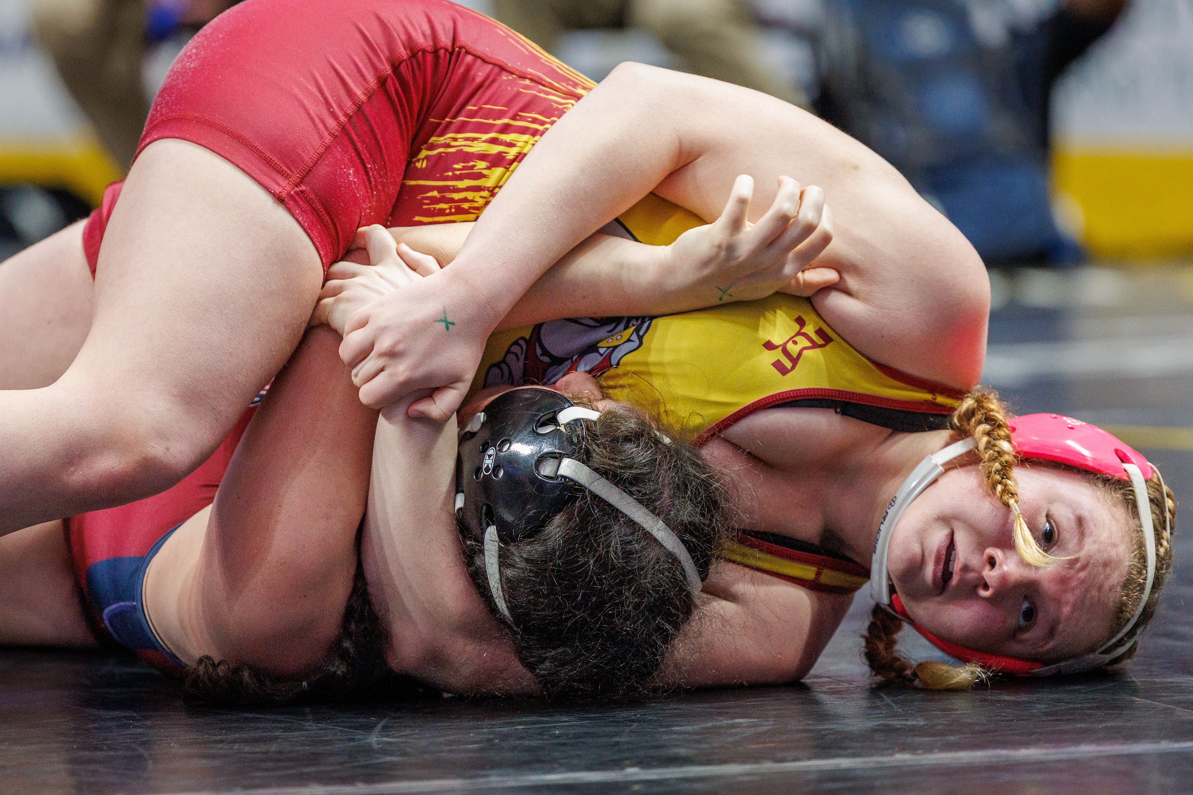 Sarah Lynn, Big Spring, decisions Gracie Haflich, Bethlehem Liberty, 7-4, at 170-pounds in the opening round of the PIAA Girls Wrestling State Championships at the Giant Center in Hershey, Pa., Mar. 7, 2024.