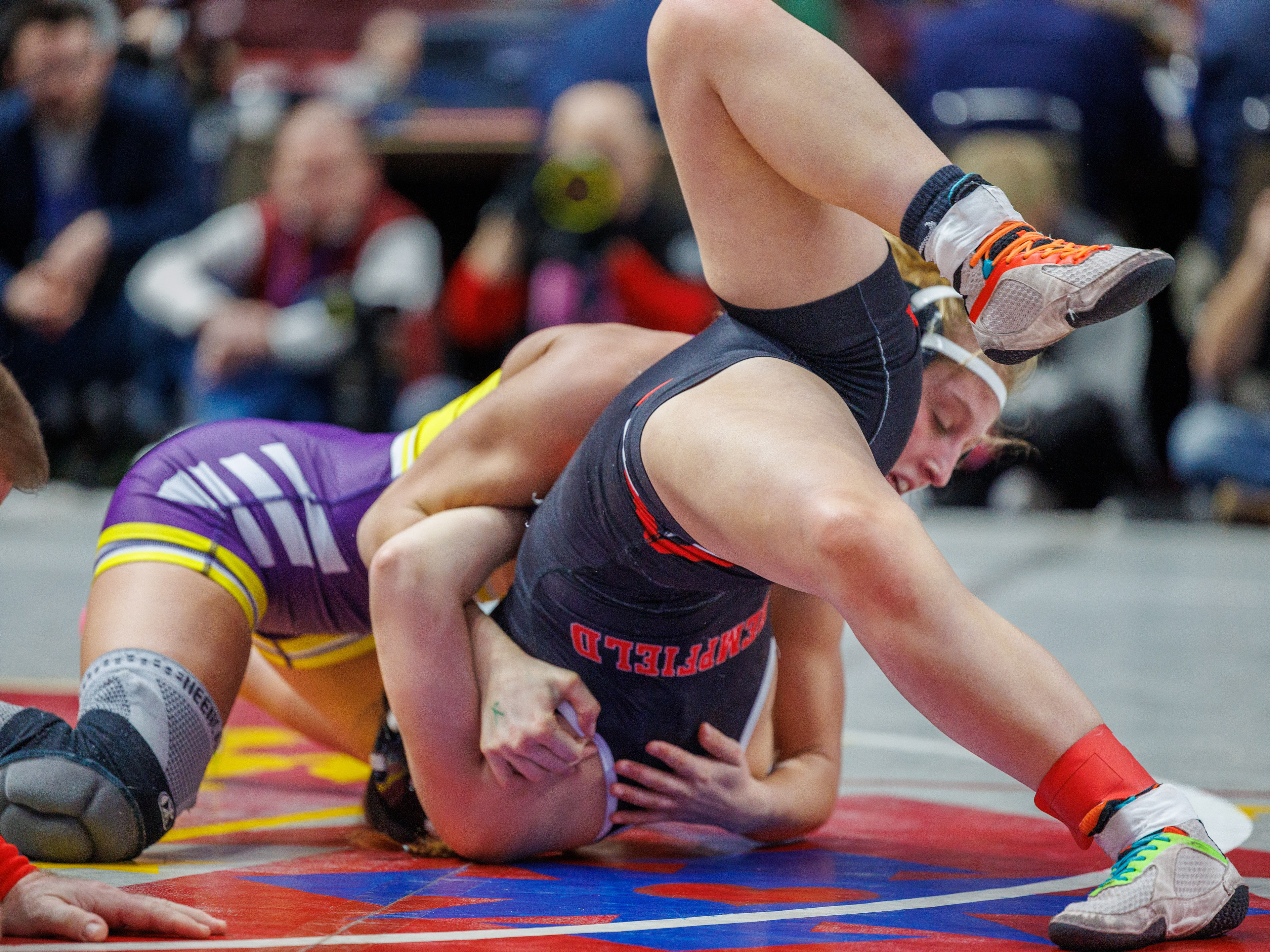 Savannah Witt, Palisades, pins Cleona O’Brien, Hempfield, in 1:23, in a 118-pound opening round match at the PIAA Girls Wrestling State Championships at the Giant Center in Hershey, Pa., Mar. 7, 2024.