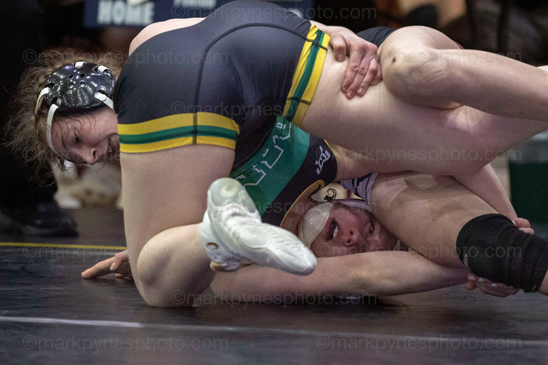 Zoey Haines, Gettysburg, left, avenges last month’s loss to Central Dauphin’s Charlotte Gilfoil with a 5-1 decision in the 142-pound match.