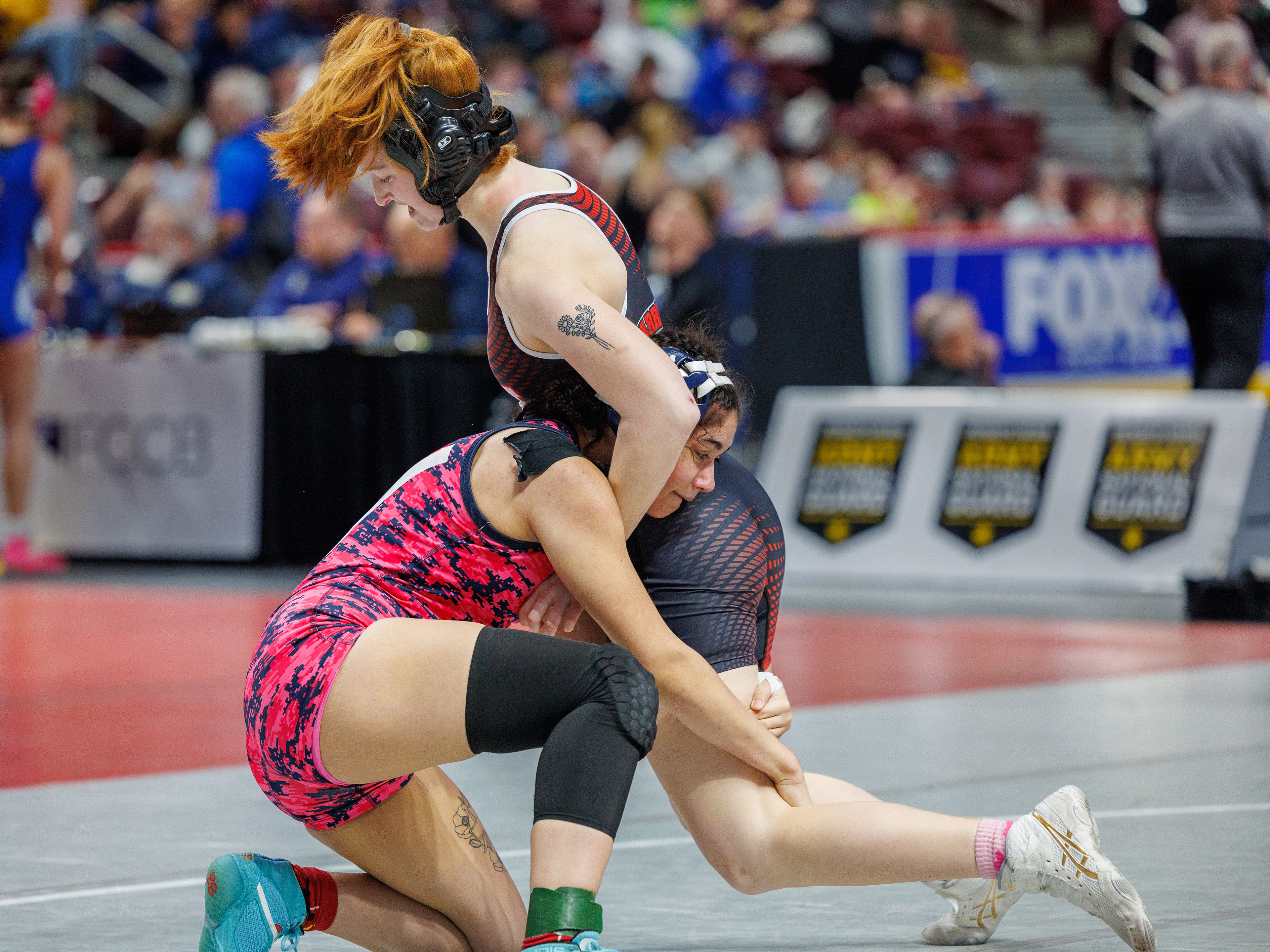 Samantha Monroe (Delaware Valley) pinned Olivia Tillman (Wyomissing), in 5:06, in a 142-pound opening round match of the PIAA Girls Wrestling State Championships at the Giant Center in Hershey, Pa., Mar. 7, 2024.