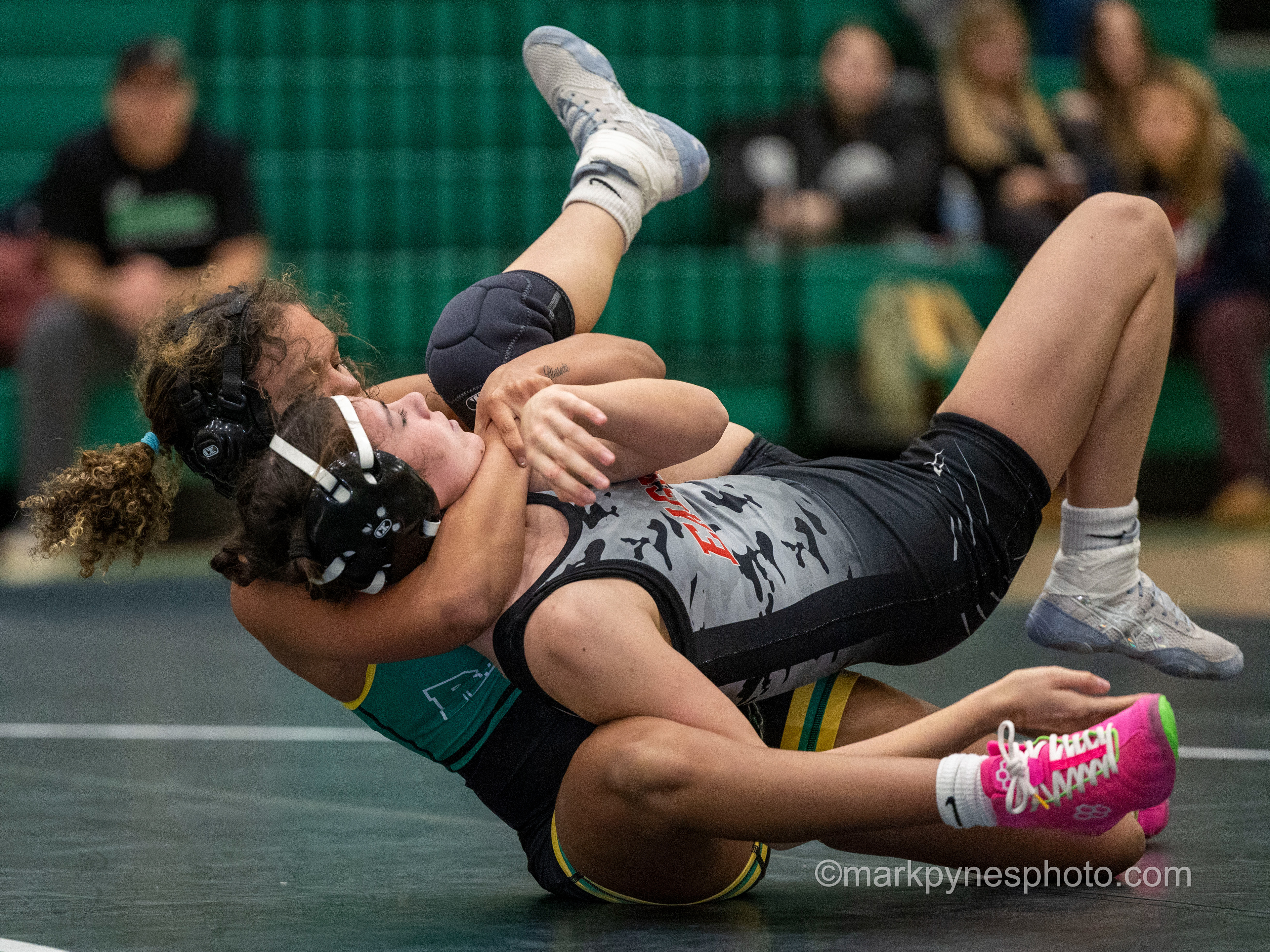 Aaliyah Johnson, Central Dauphin, gets Lilliana Ling, Cumberland Valley, in a cradle, on her way to a fall in 3:30, in their 124-pound match.