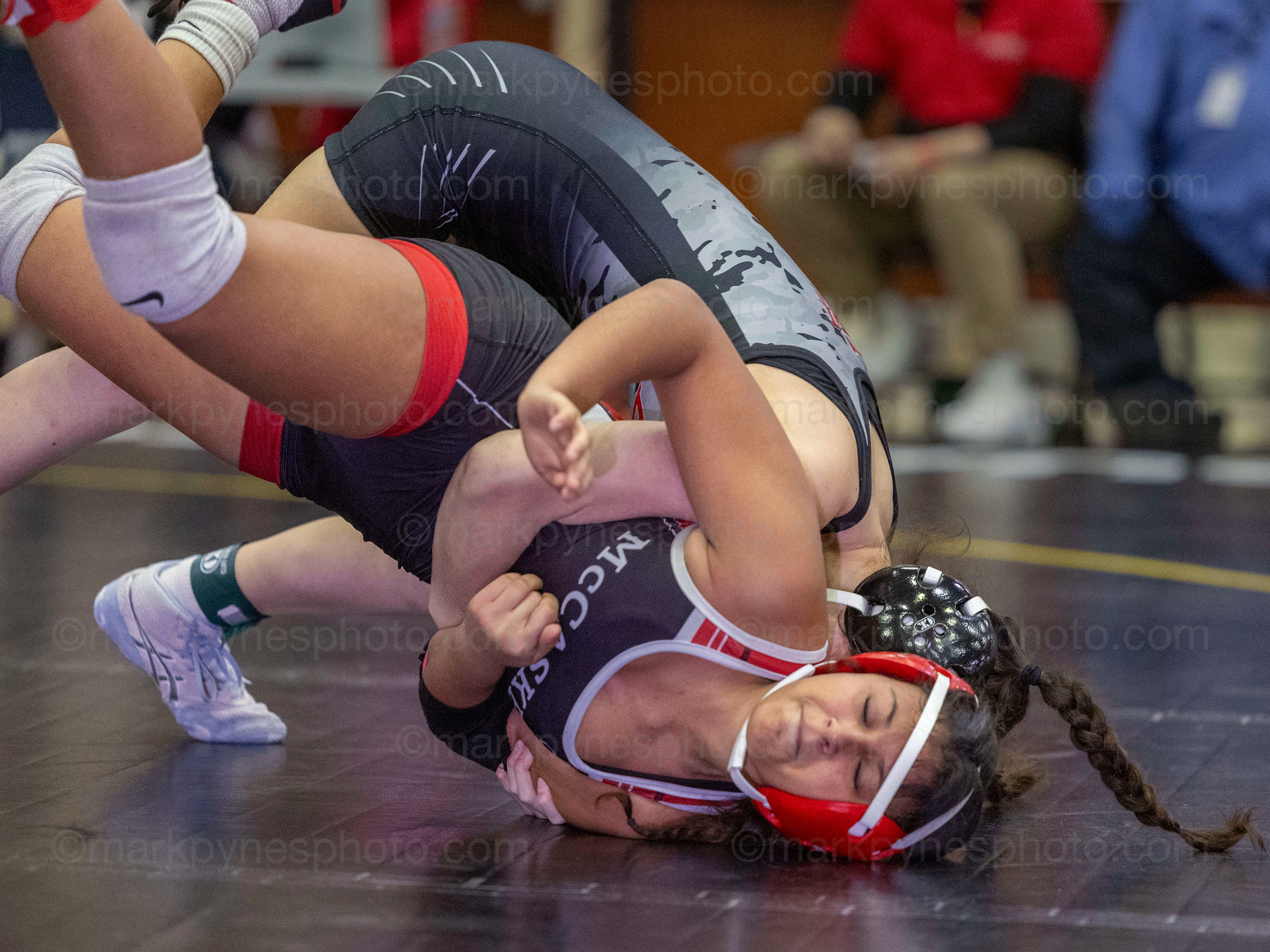 Lilliana Ling, Cumberland Valley, takes down J.P. McCaskey’s Ciara Silva, on the way to a pin at 2:10 in the 118-pound match as CV defeats J.P. McCaskey, 54-24.