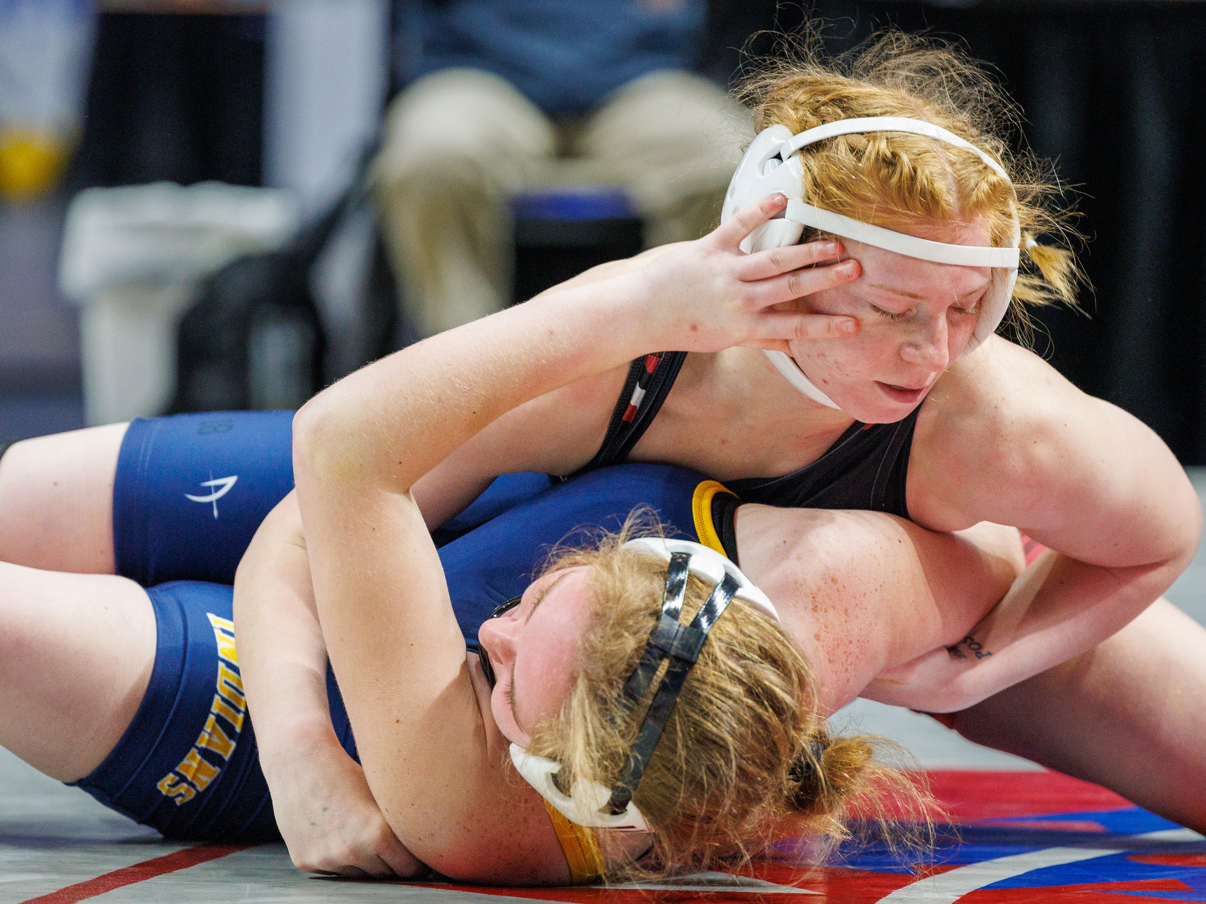 Kylie Monroe, Gettysburg, pinned Kaylyn Adair, Upper Perkiomen, at 1:44, in a 155-pound bout in the opening round of the PIAA Girls Wrestling State Championships at the Giant Center in Hershey, Pa., Mar. 7, 2024.