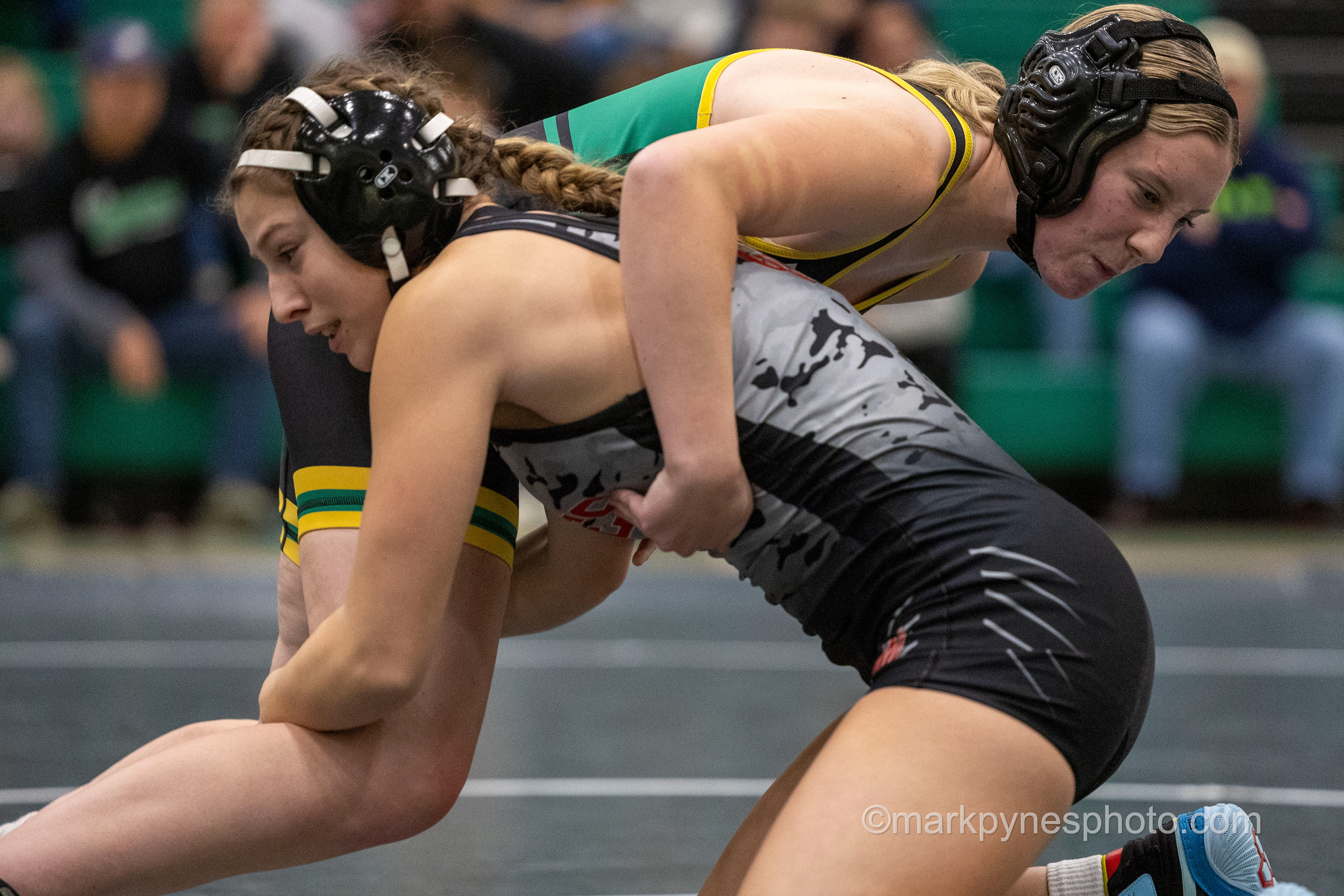 Skylar Daugherty, Cumberland Valley, gets in on a double leg takedown on Central Dauphin’s Brooke Howe, on the way to a 24-second fall in their 136-pound match.