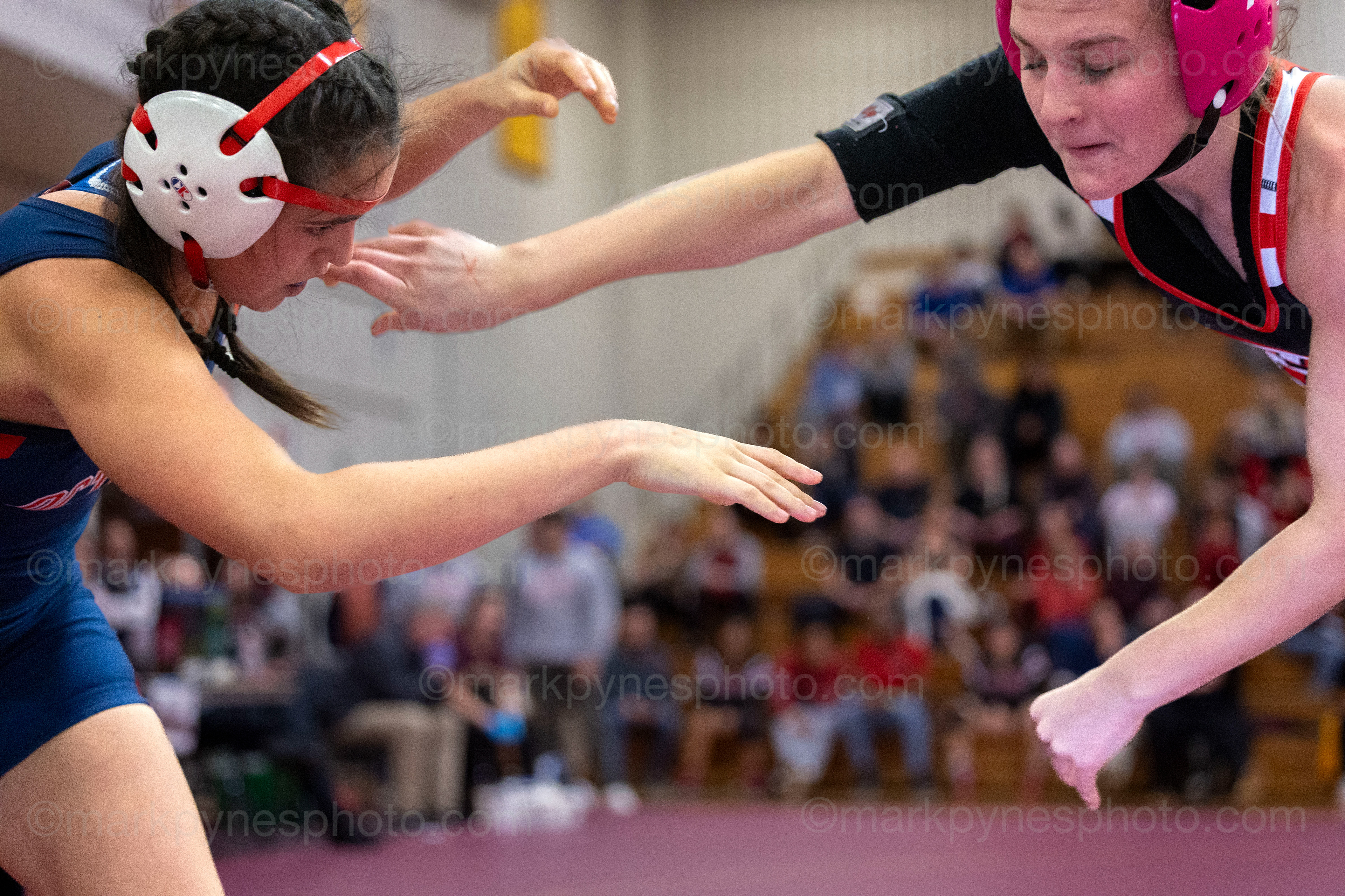 Octorara’s Ella Teufert, hand fights Kayla Husti-Luca, in the 130-pound final at the Governor Mifflin Girls Wrestling tournament at Shillington, Pa., Dec. 28, 2024.