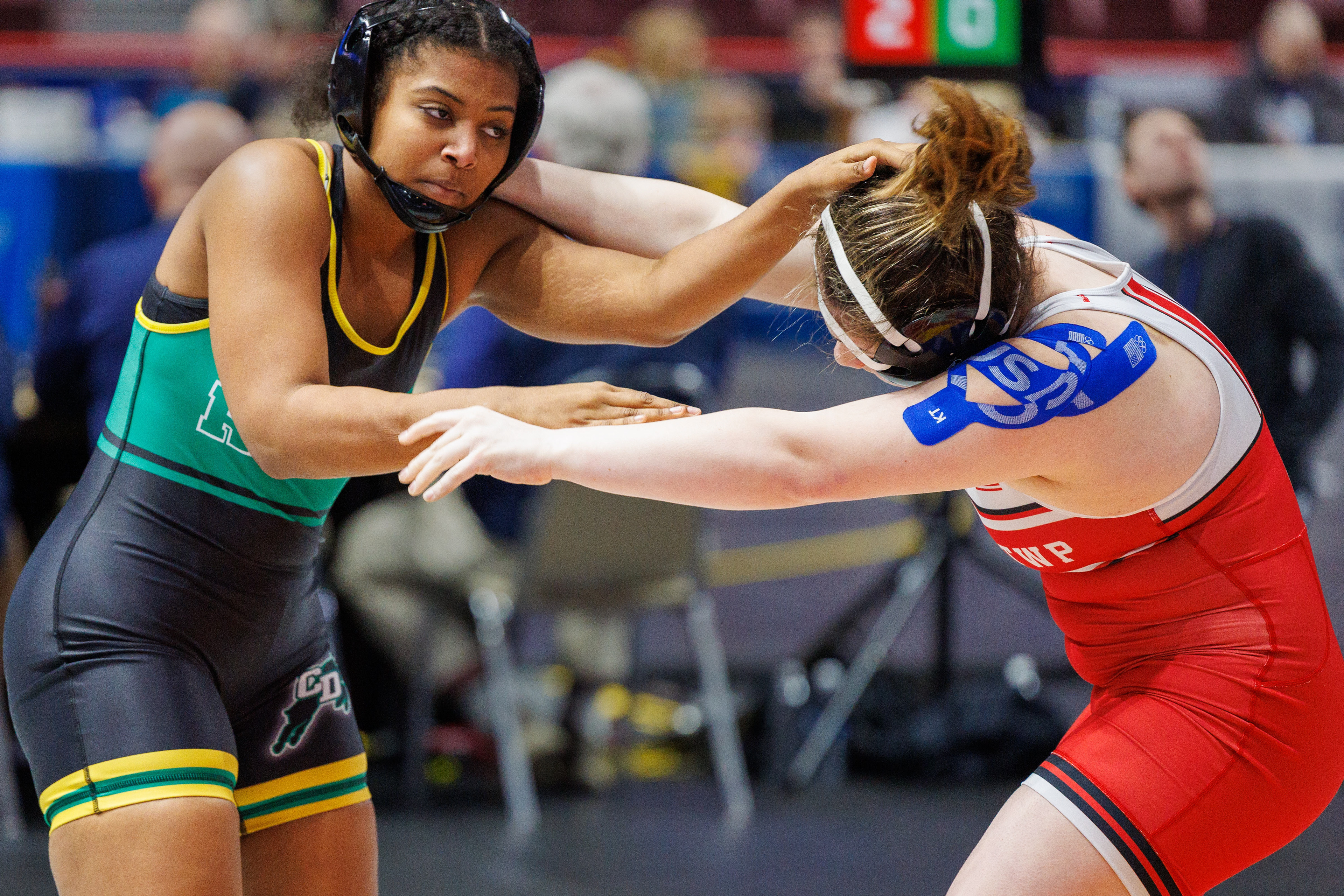 Aaliyah Armstrong, Central Dauphin, pinned Lillana Giulianelli, Peters Township, at 2:16, in a 190-pound match in the opening round of the PIAA Girls Wrestling State Championships at the Giant Center in Hershey, Pa., Mar. 7, 2024.