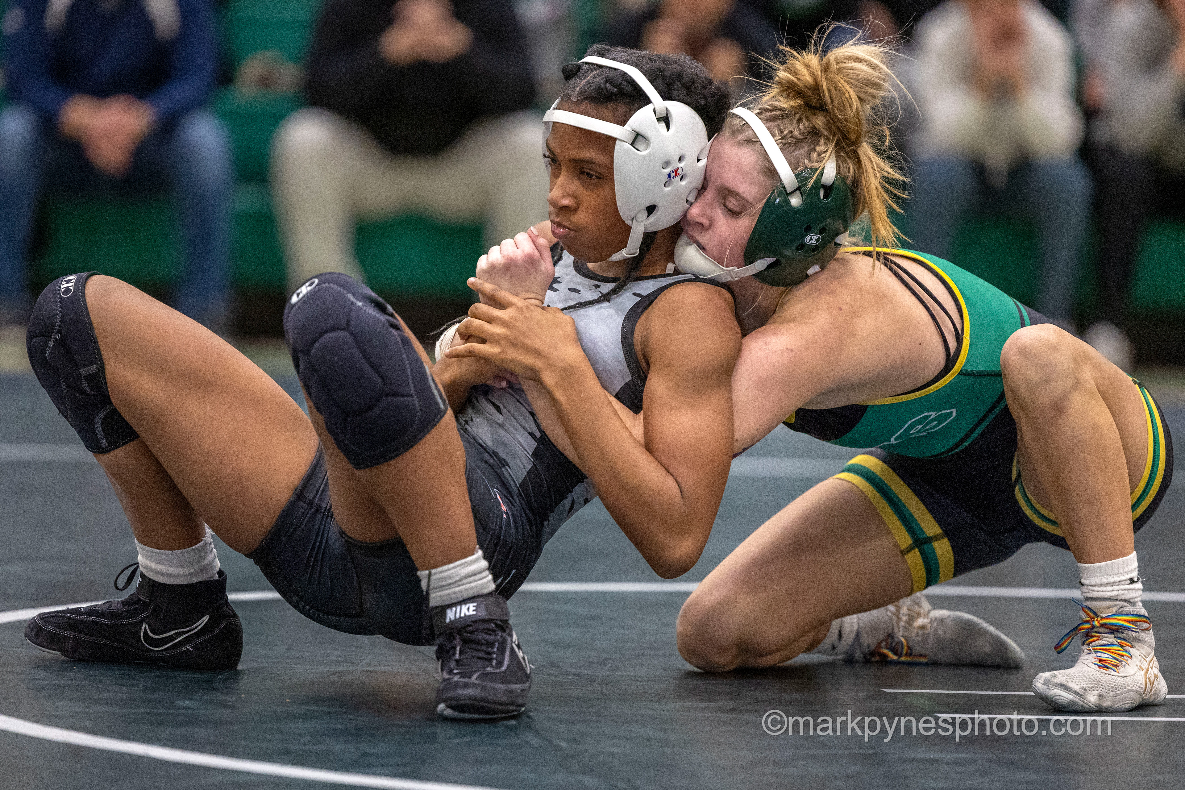 Kate Hollinger, Central Dauphin, controls Cumberland Valley’s Gamma Telfair, in their 100-pound match, on the way to a fall at 1:36, but CV defeats Central Dauphin, 42-30, in girls wrestling dual meet action in Harrisburg, Pa., Dec. 10, 2024.