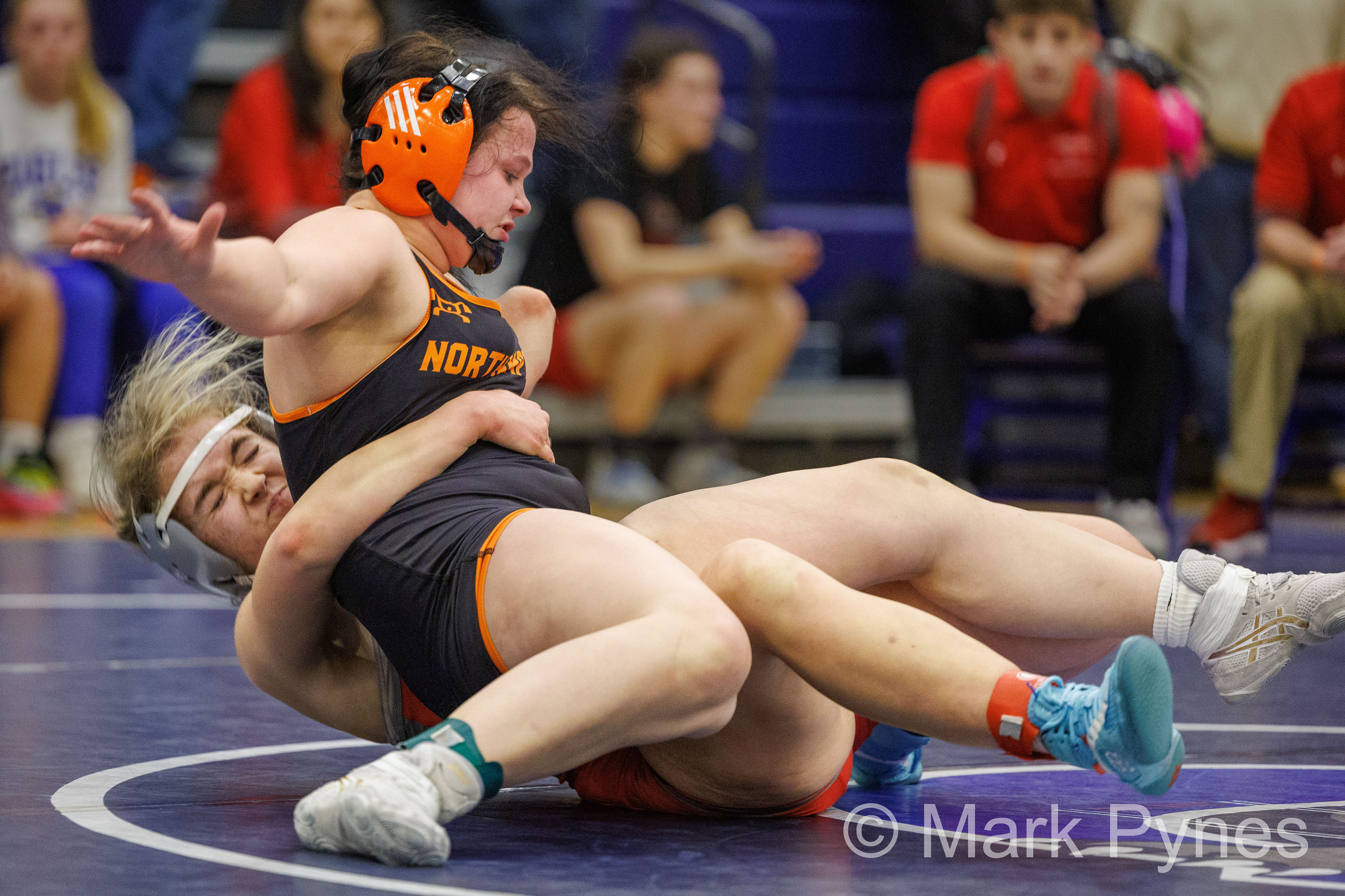 Kelsey Gelb (Parkland), bottom, dec. Mylea Lambert (Northampton), 6-3, in the 155-pound final at the South East Regional girls high school wrestling championships in Quakertown, Pa., Feb. 25, 2024.