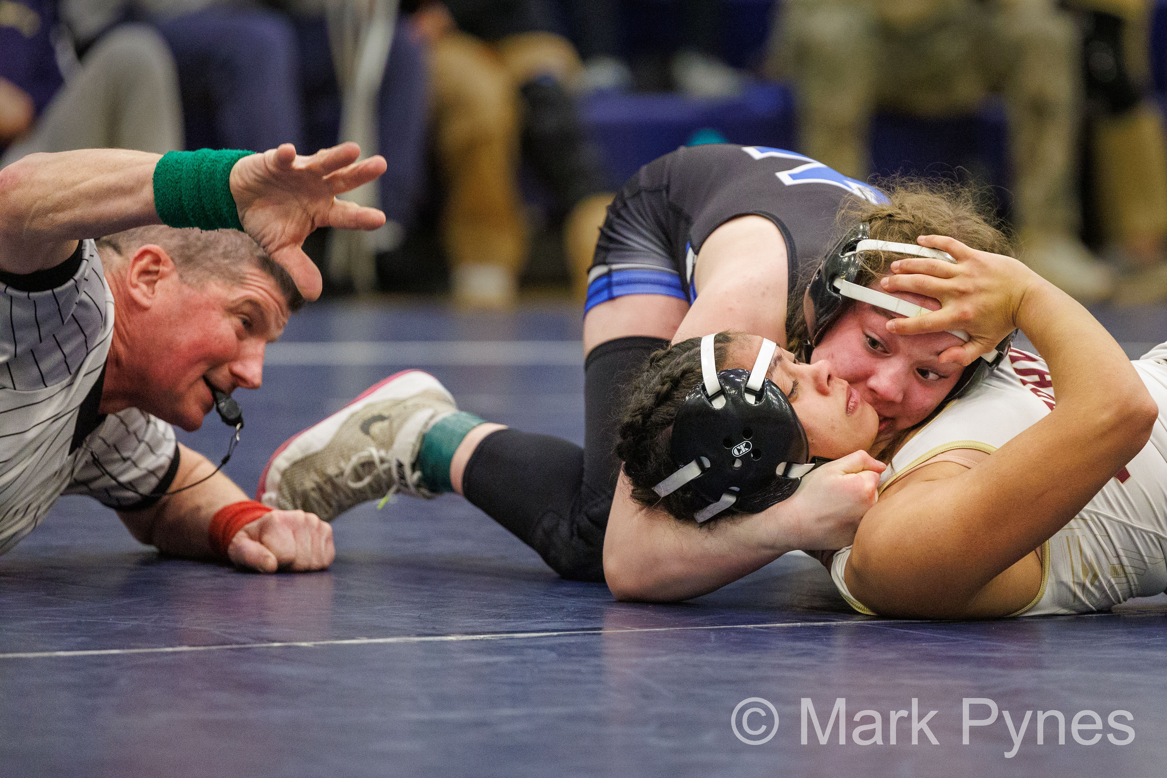 Haylie Jaffe (Kennett) pins Ruth Rivera (Whitehall), in 2:00, in the 136-pound final at the South East Regional girls high school wrestling championship finals in Quakertown, Pa., Feb. 25, 2024.