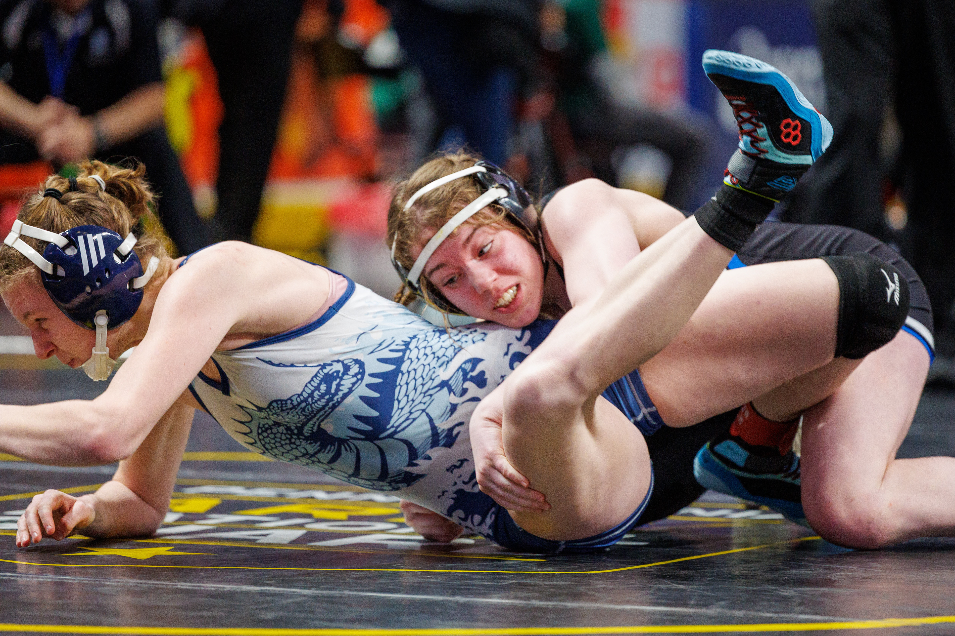 Haylie Jaffe, Kennett, pins Kasey Kophazy, Warren, in 0:56, in a 136-pound opeing round match at the PIAA Girls Wrestling State Championships at the Giant Center in Hershey, Pa., Mar. 7, 2024.