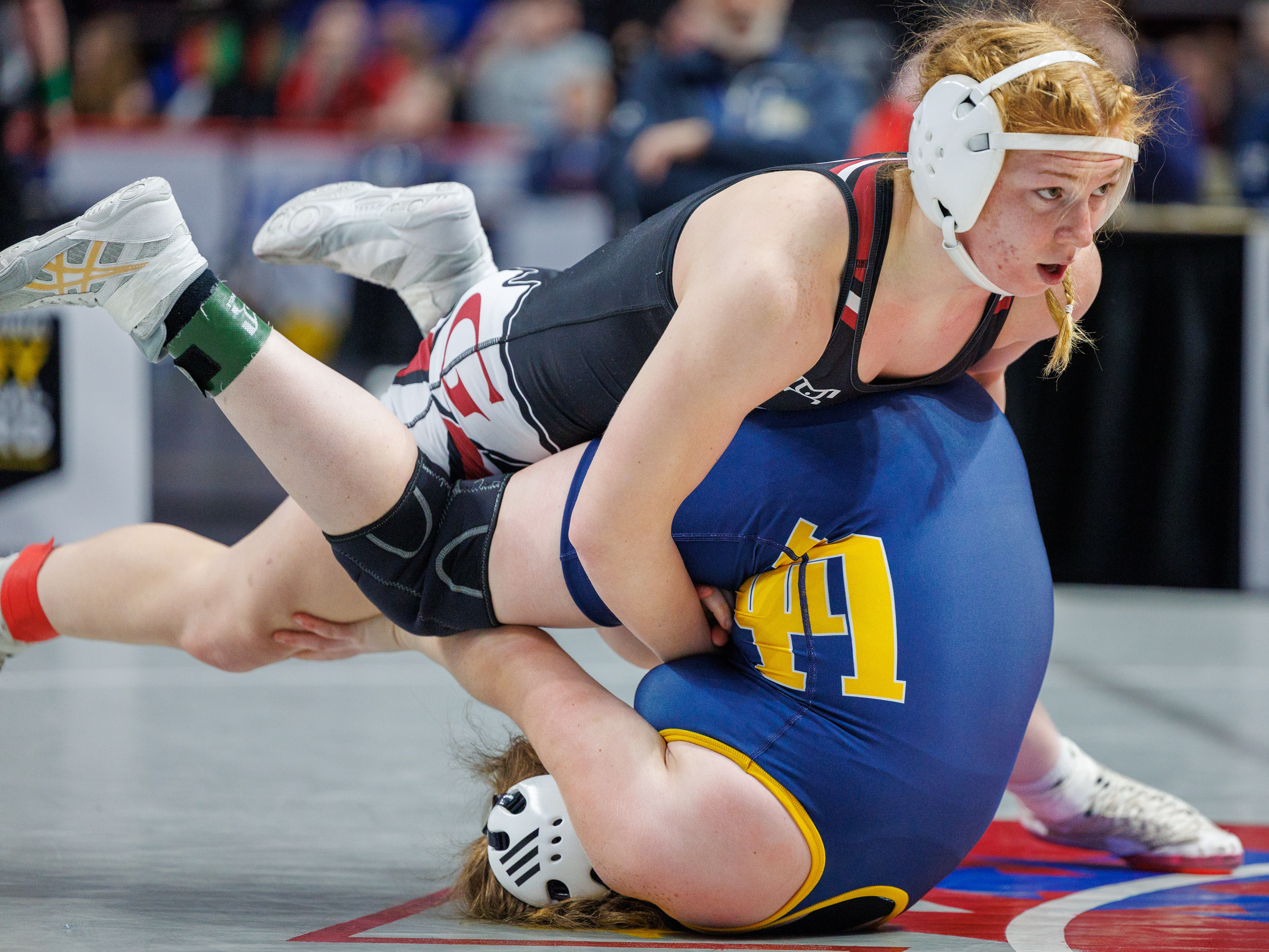 Kylie Monroe, Gettysburg, pinned Kaylyn Adair, Upper Perkiomen, at 1:44, in a 155-pound bout in the opening round of the PIAA Girls Wrestling State Championships at the Giant Center in Hershey, Pa., Mar. 7, 2024.