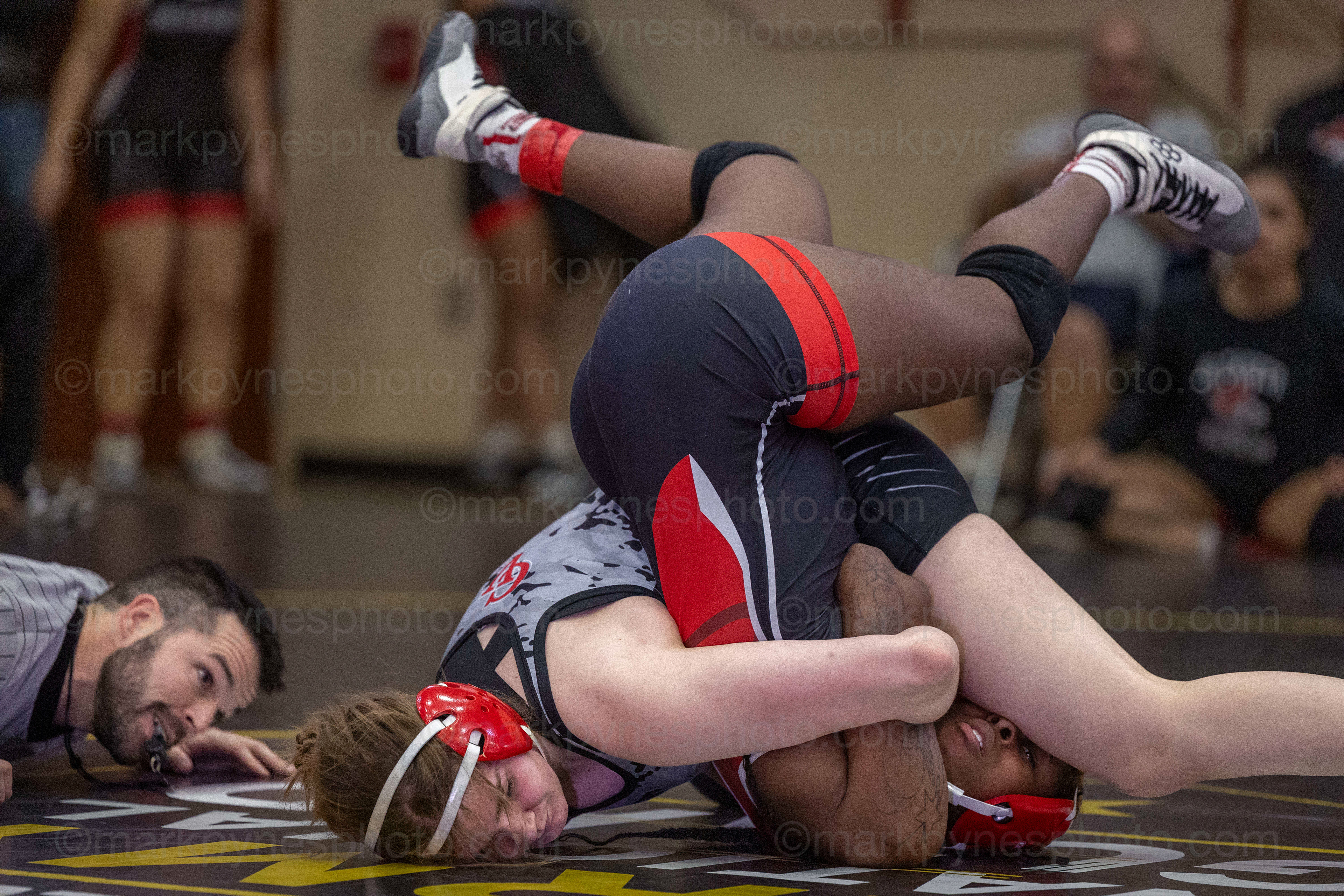 Kendra O’Brien, Cumberland Valley, pins J.P. McCaskey’s Tyra Bookman, at 3:39, in the 148-pound match.