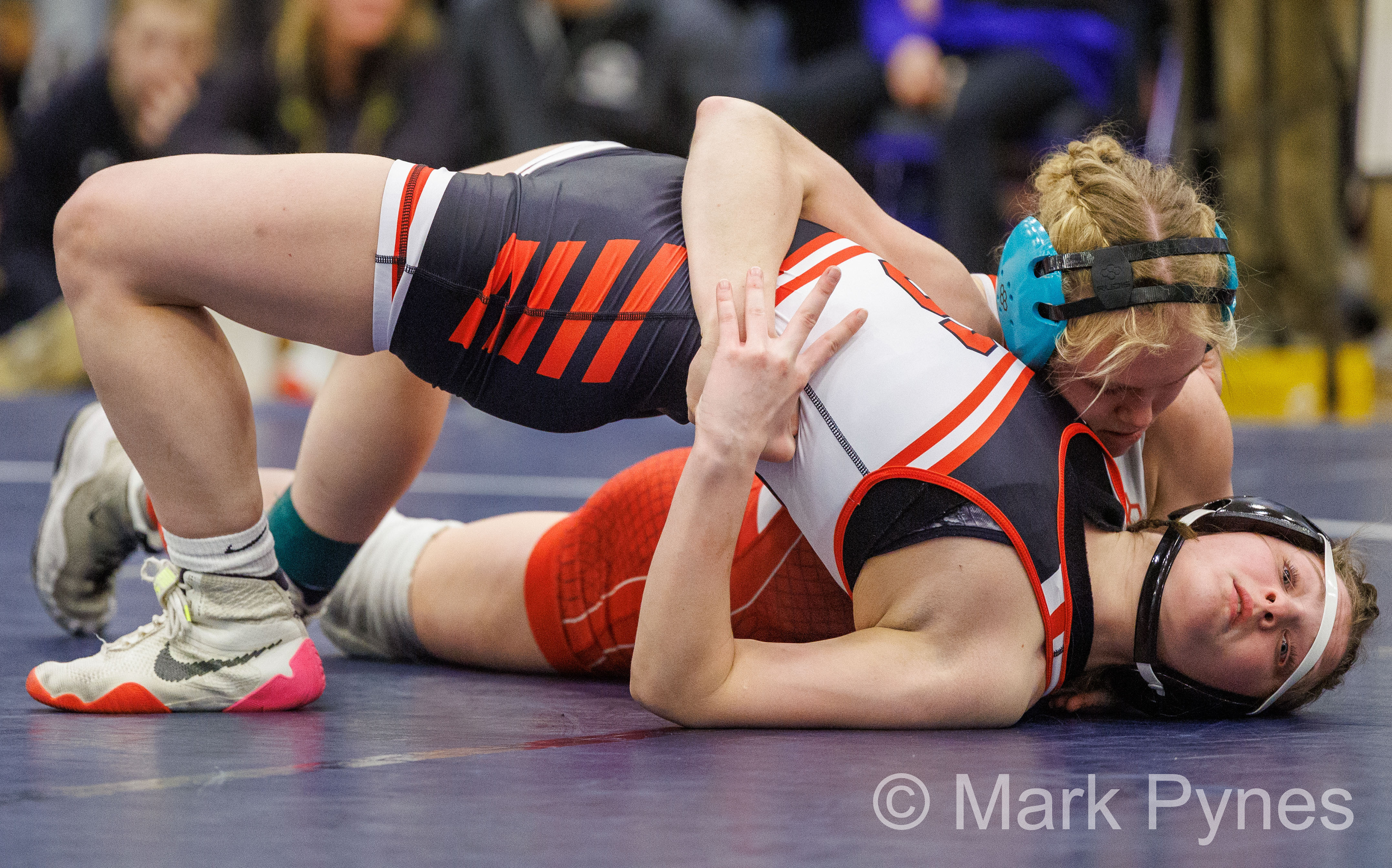 Aubre Krazer (Easton) pins Kayla Husti-Luca (Souderton), in 0:43, in the 130-pound final at the South East Regional girls high school wrestling championship finals in Quakertown, Pa., Feb. 25, 2024.