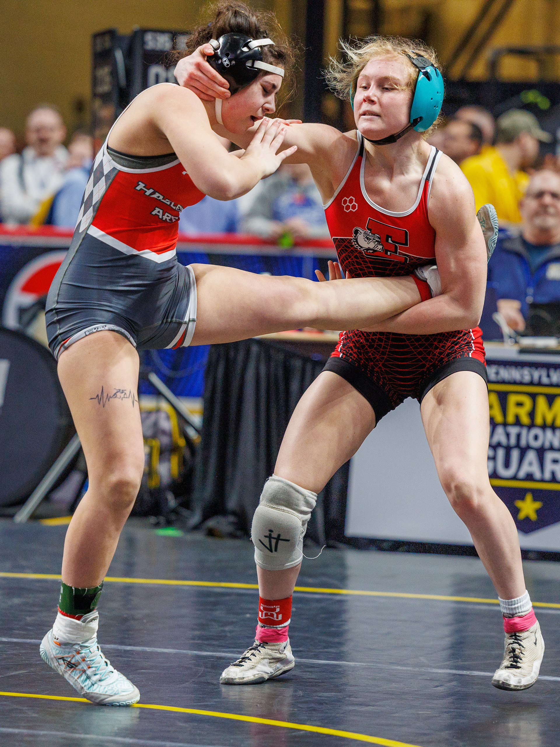 Aubre Krazer, Easton, pins Miah Molinaro, Hazelton Area, at 2:16, in a 130-pound opening round match at the PIAA Girls Wrestling State Championships at the Giant Center in Hershey, Pa., Mar. 7, 2024.