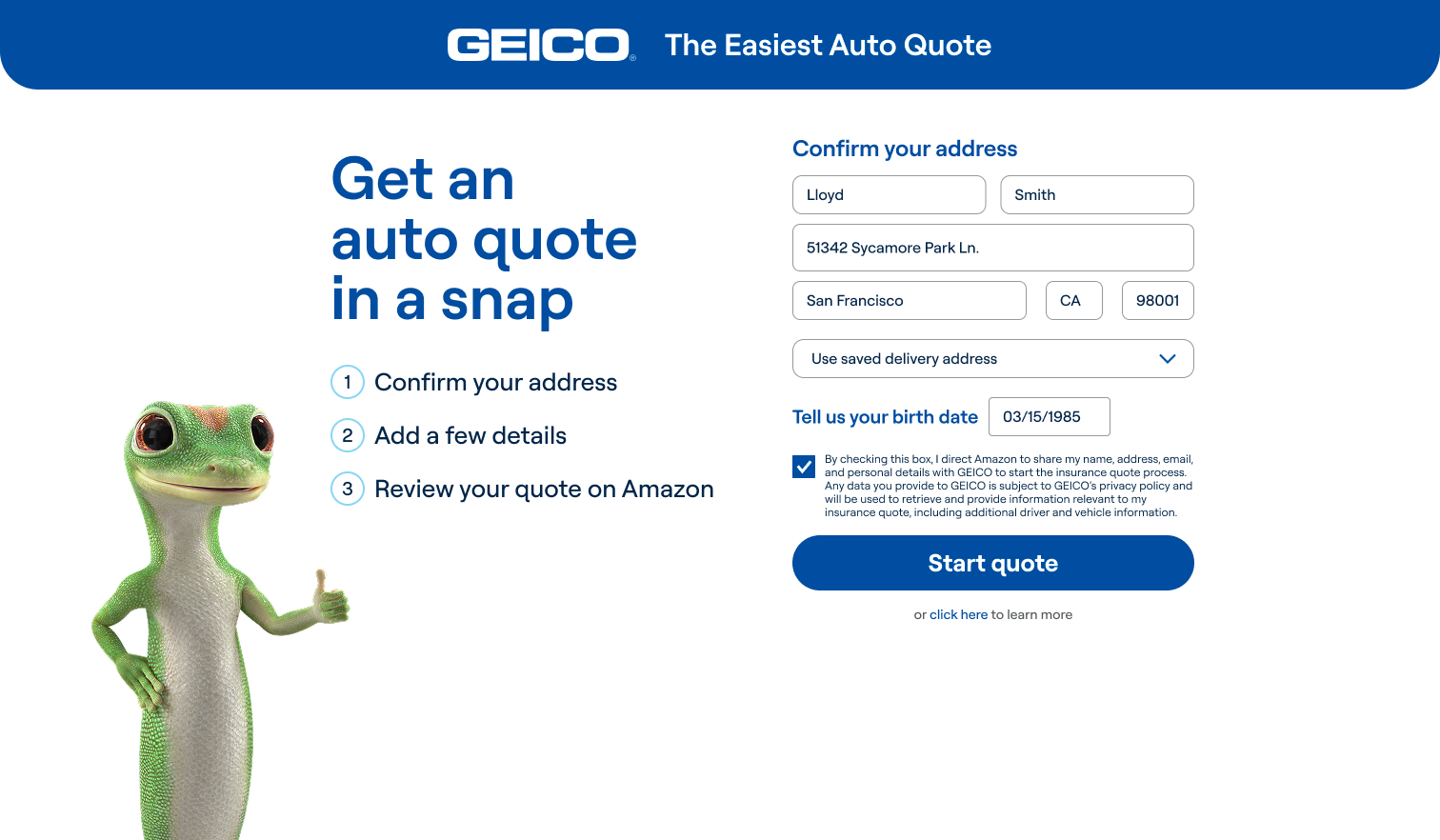 Geico on Amazon entry page form