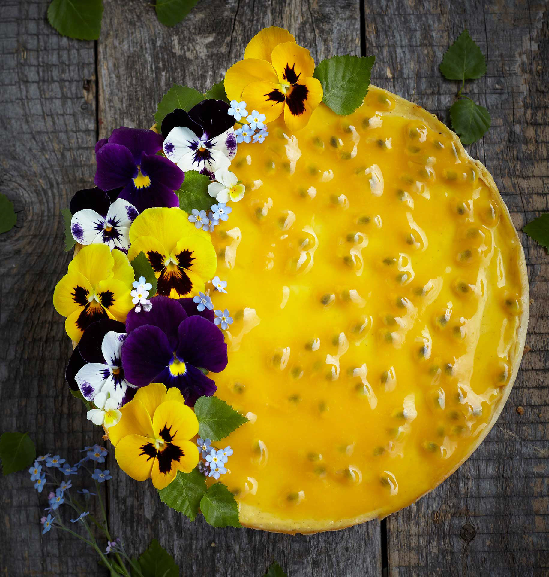 Kakku koristeltuna orvokeilla ja passionkuorrutteella