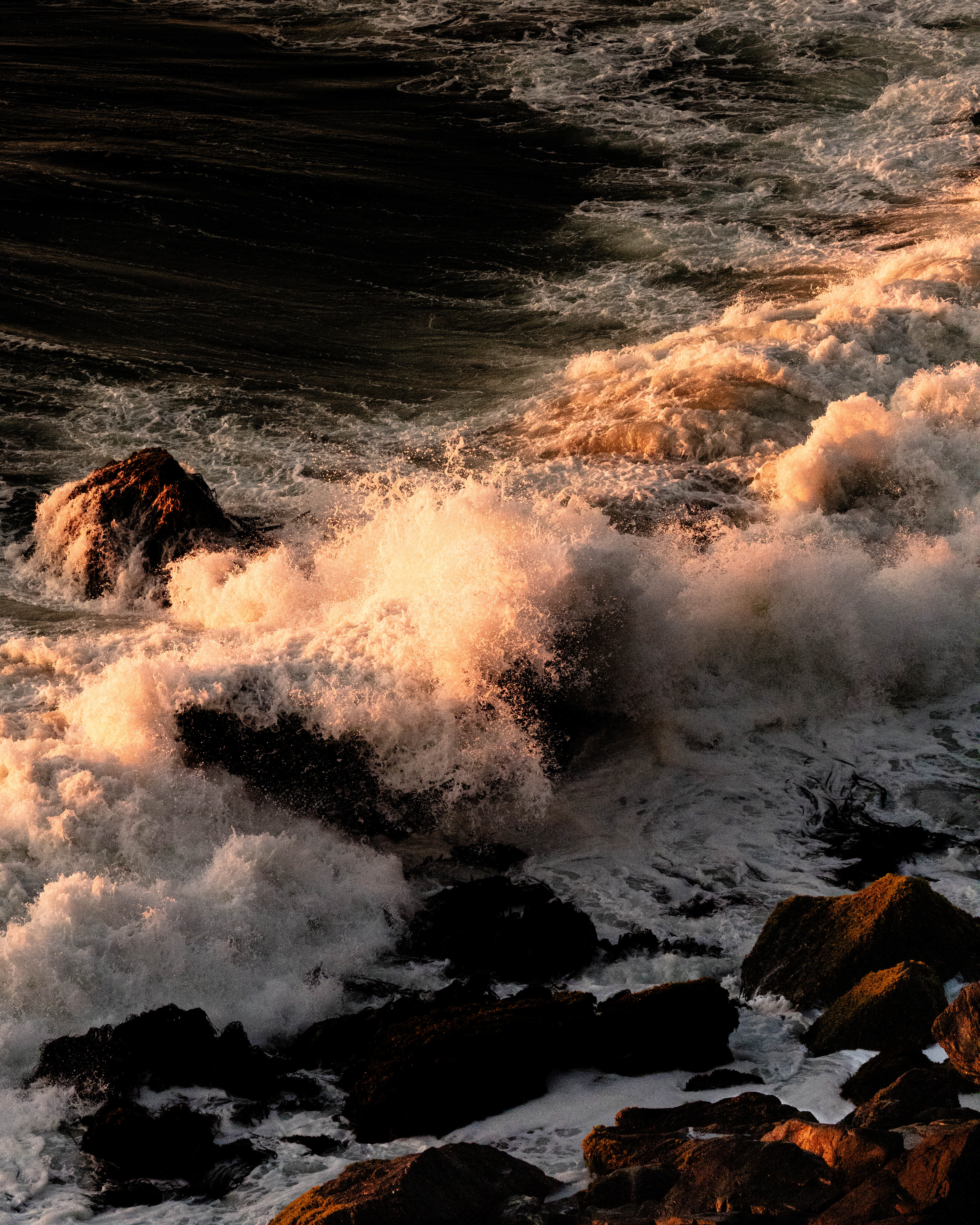 alt=vista del oceano desde una altura en un dorado atardecer