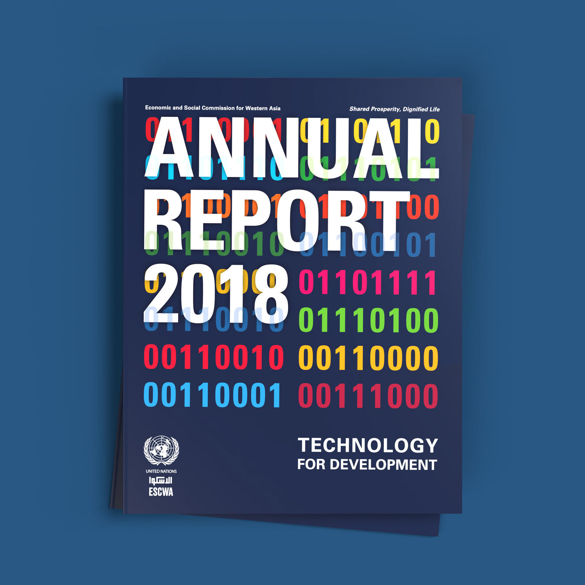 Digitally-inspired annual report layout design for UN-ESCWA featuring bold charts, a modular grid system, and the color palette of the UN SDGs.