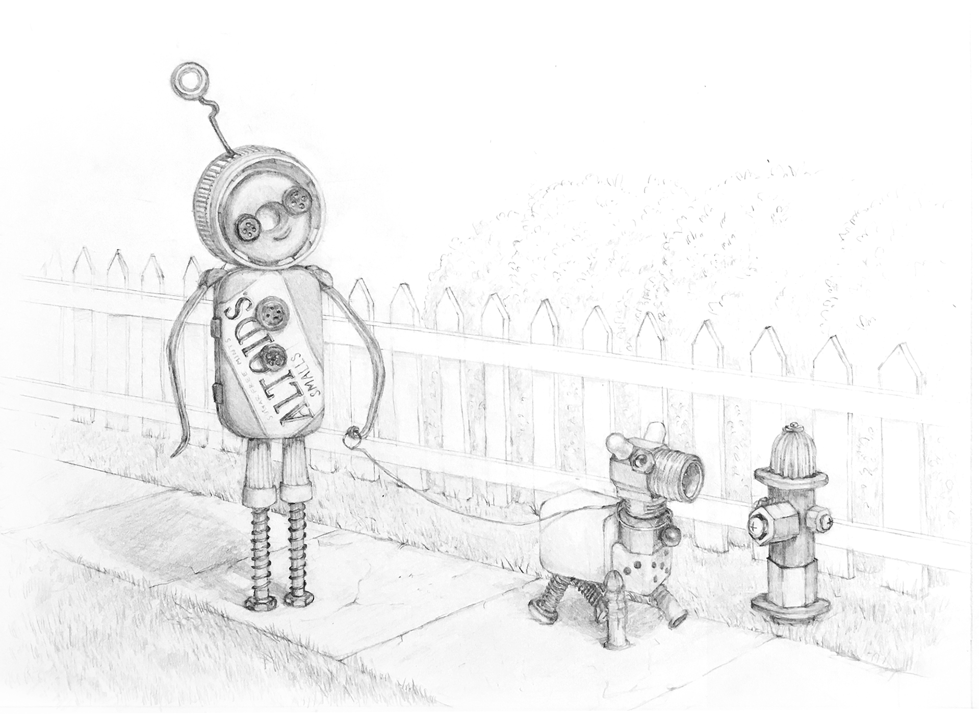 Pencil illustration of 3D sculptures
