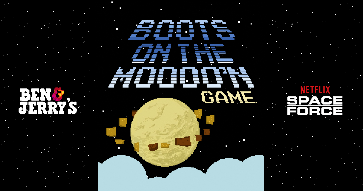 Image of a splash screen with the moon and the Ben & Jerry's and Netflix's Space Force logo in a starfield.