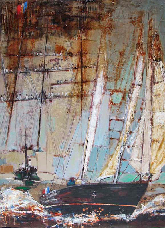 La Victoire de Tabarly acclamée par la Marine  - vendue 130 x 97cm  -Techniques mixtes sur toile