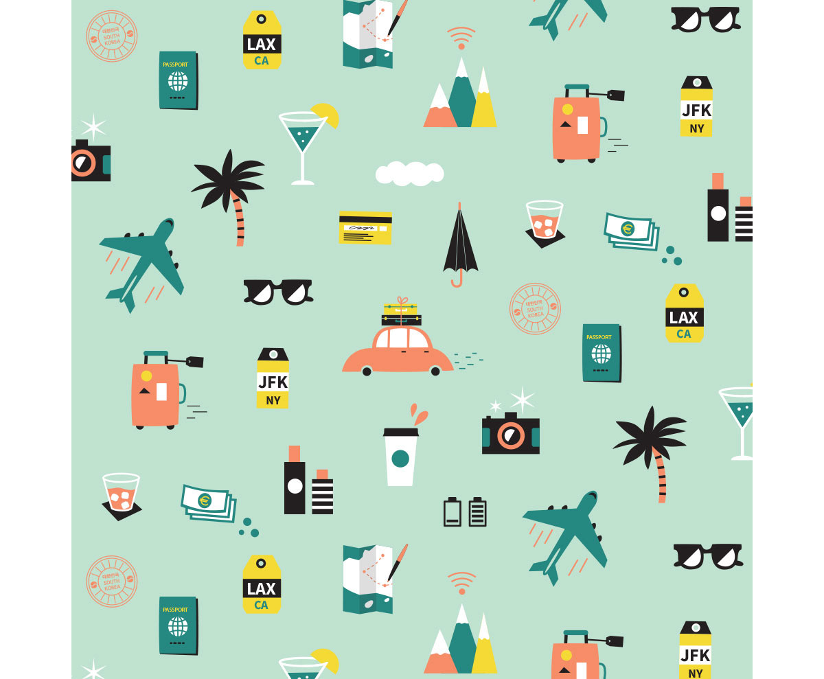 Travel Trendy surface pattern design with vibrant travel motifs by Chi Hey Lee for Printed Village